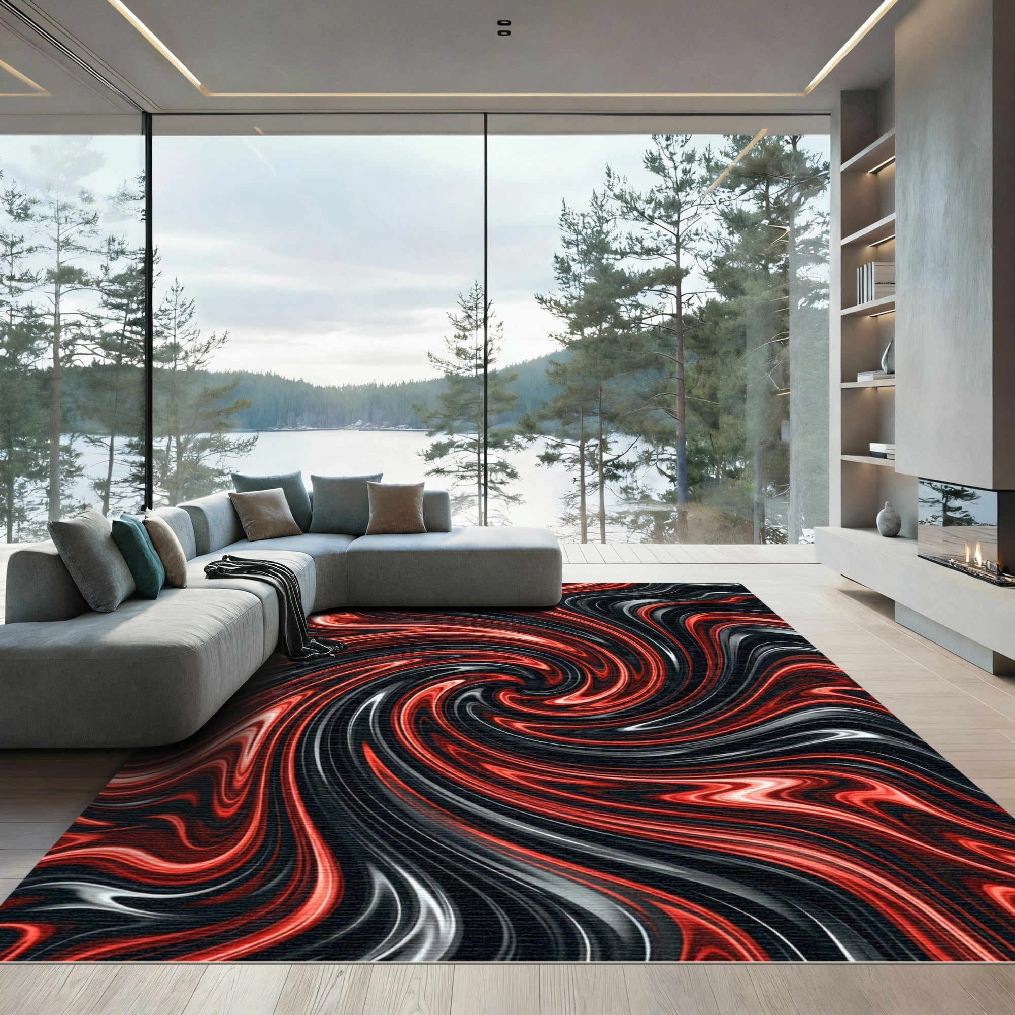Fiery Red Black Swirl Abstraction Rug