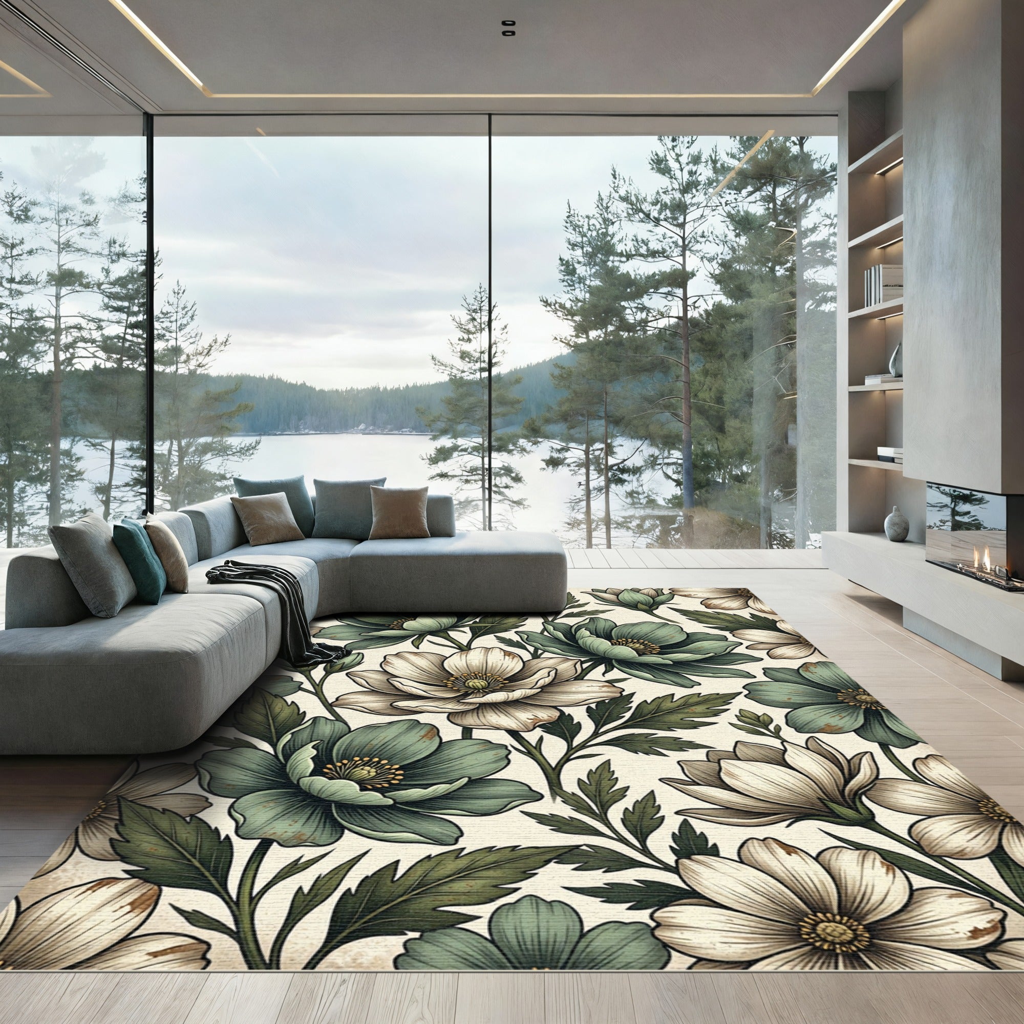 Sage and Cream Botanical Floral Illustration Rug