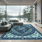 Deep Blue Floral Crest Medallion Rug