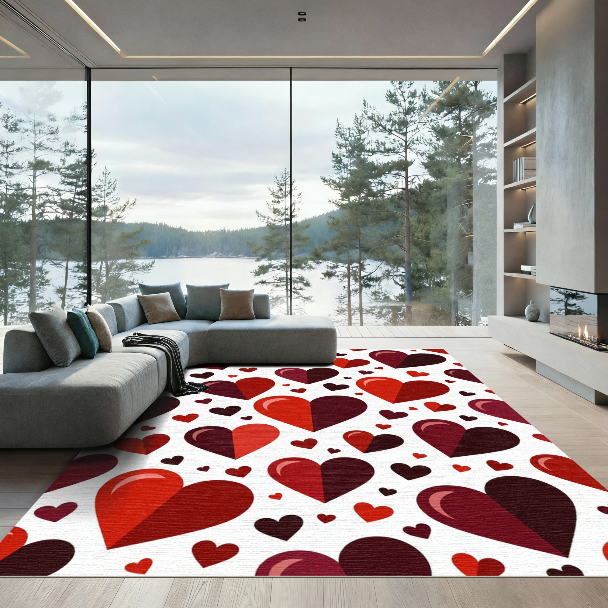 Geometric Two Tone Red Heart Art Rug