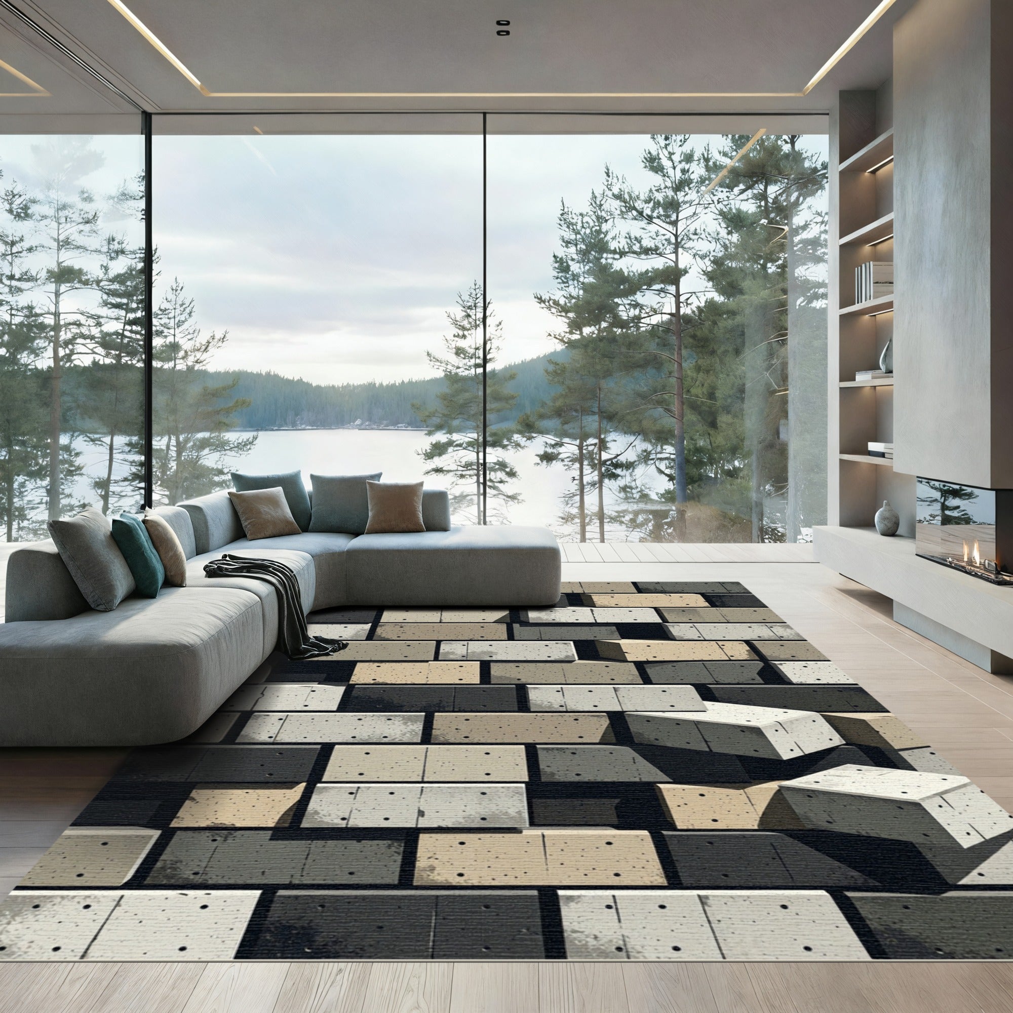 Distressed Concrete Brick Texture Rug