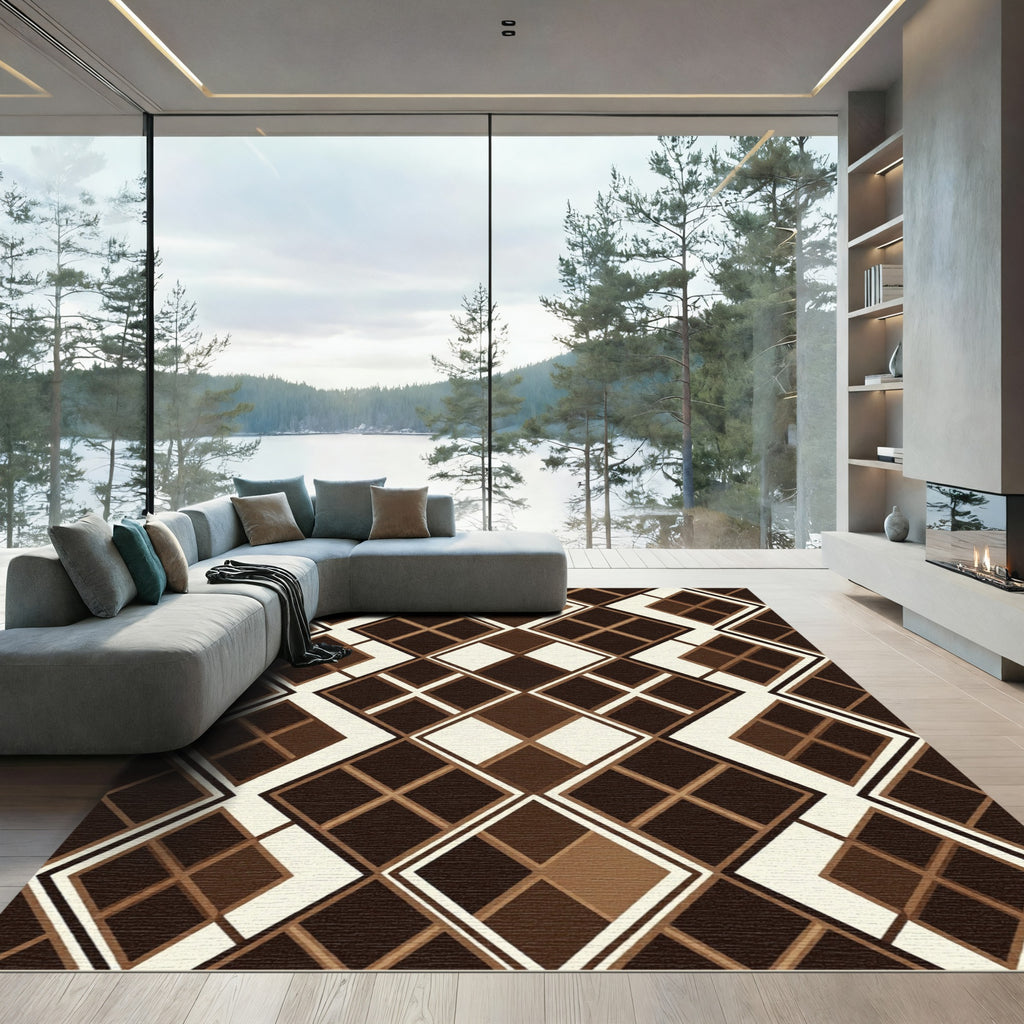 Chocolate Brown Geometric Diamond Layers Rug