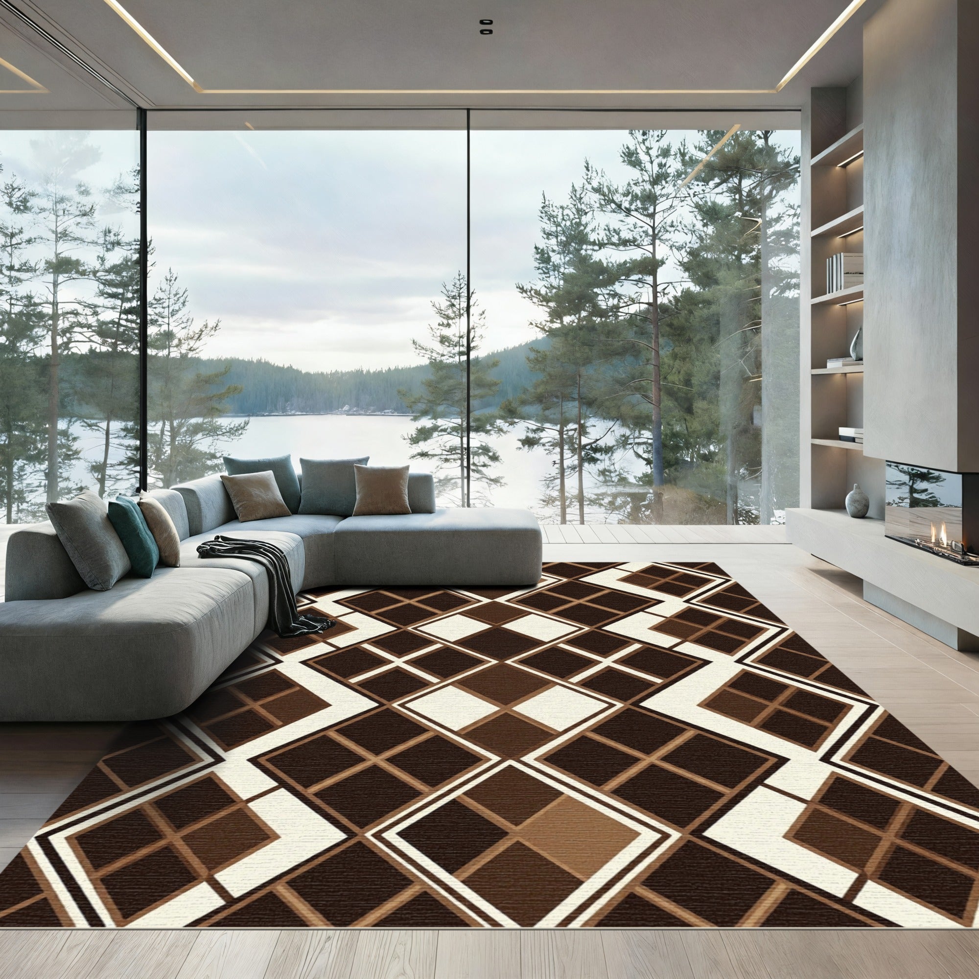 Chocolate Brown Geometric Diamond Layers Rug