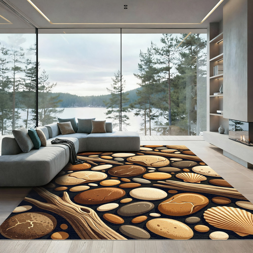 Beach Pebble Driftwood Shell Arrangement Rug