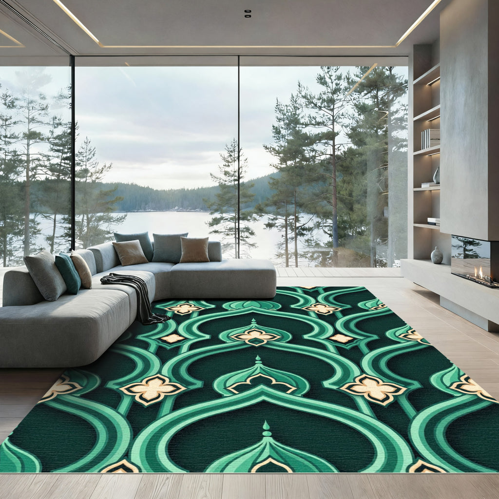 Emerald Arabesque Arch Teal Geometric Tapestry Rug
