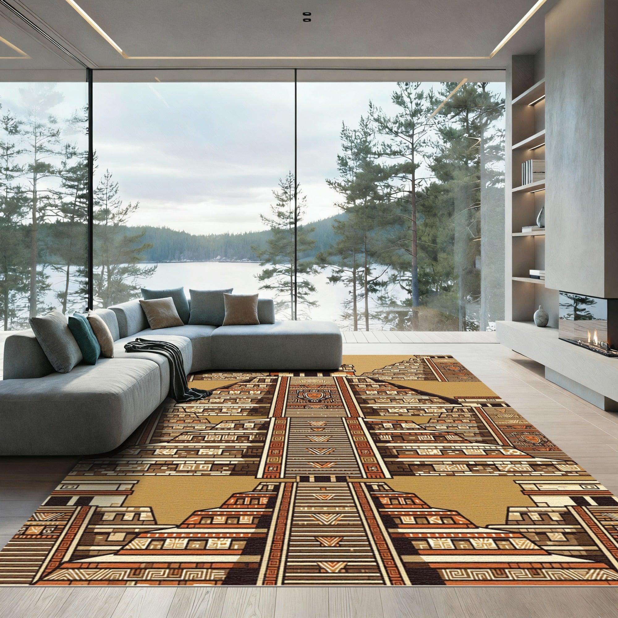 Ancient Temple Terracotta Geometric Layout Rug