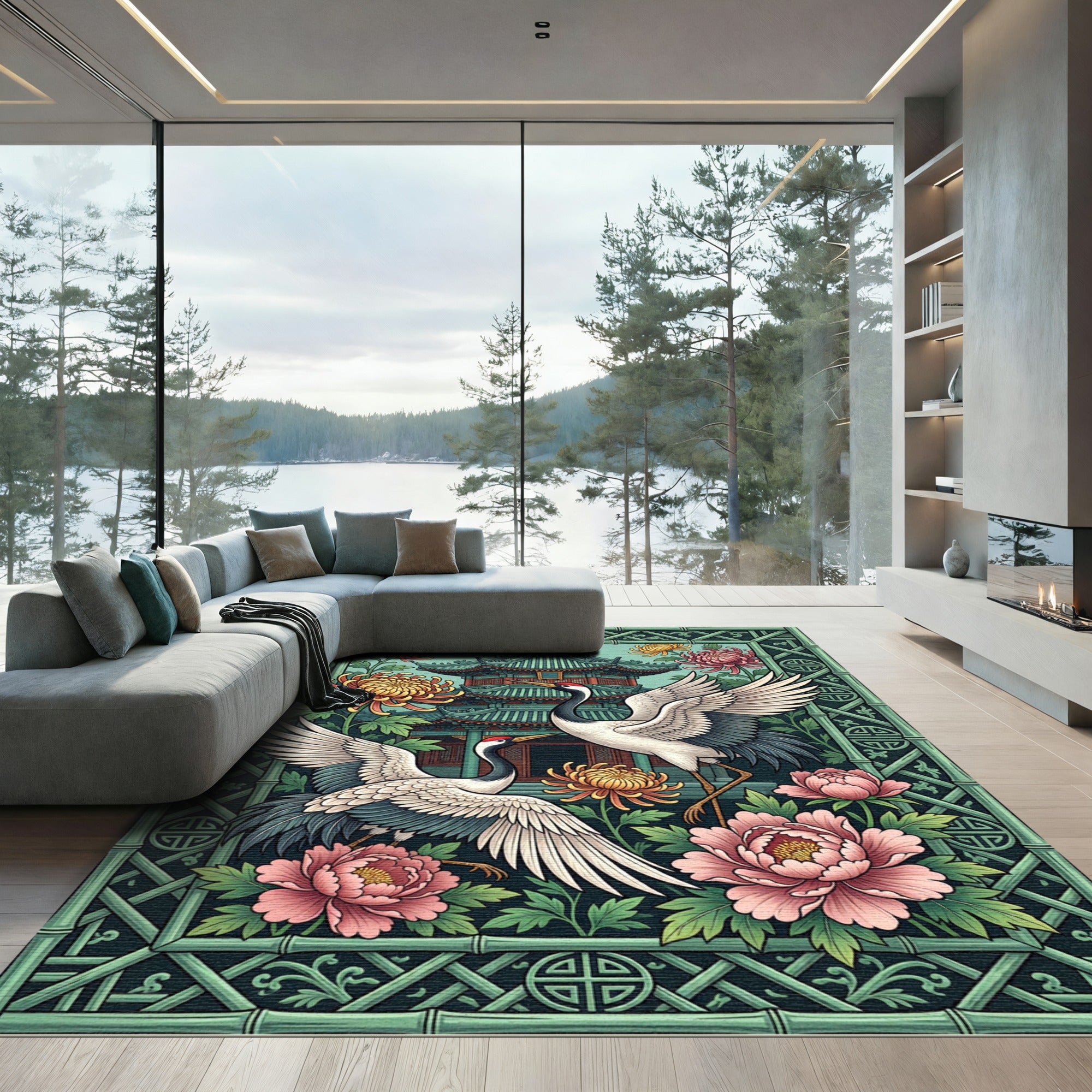 Elegant Crane and Chrysanthemum Pagoda Art Rug
