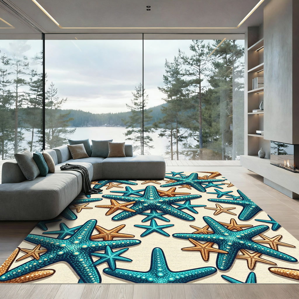 Teal Tan Starfish Beach Pattern Rug