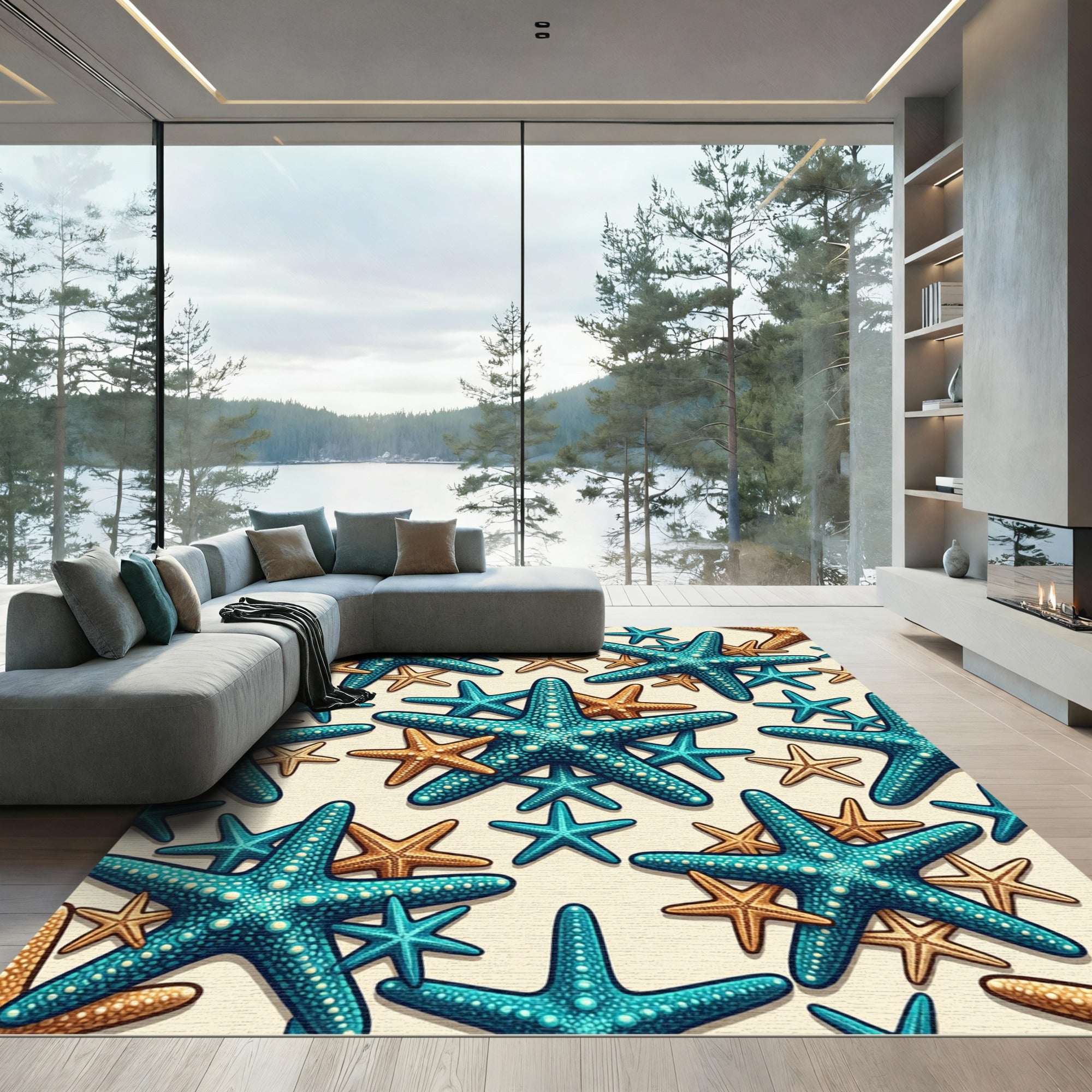 Teal Tan Starfish Beach Pattern Rug