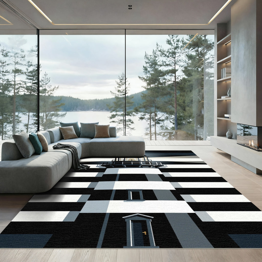 Modern Black White Striped Lighthouse Rug