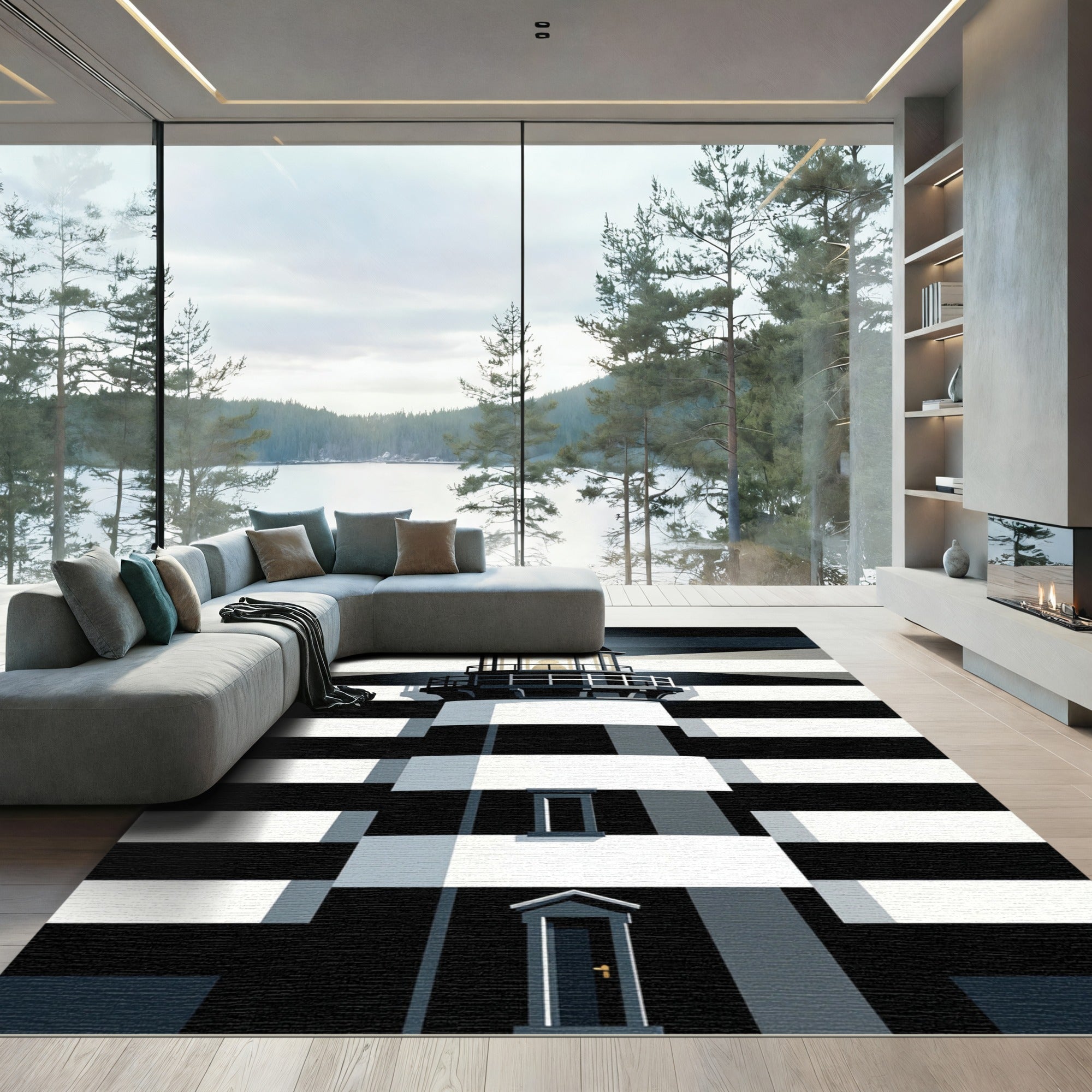 Modern Black White Striped Lighthouse Rug