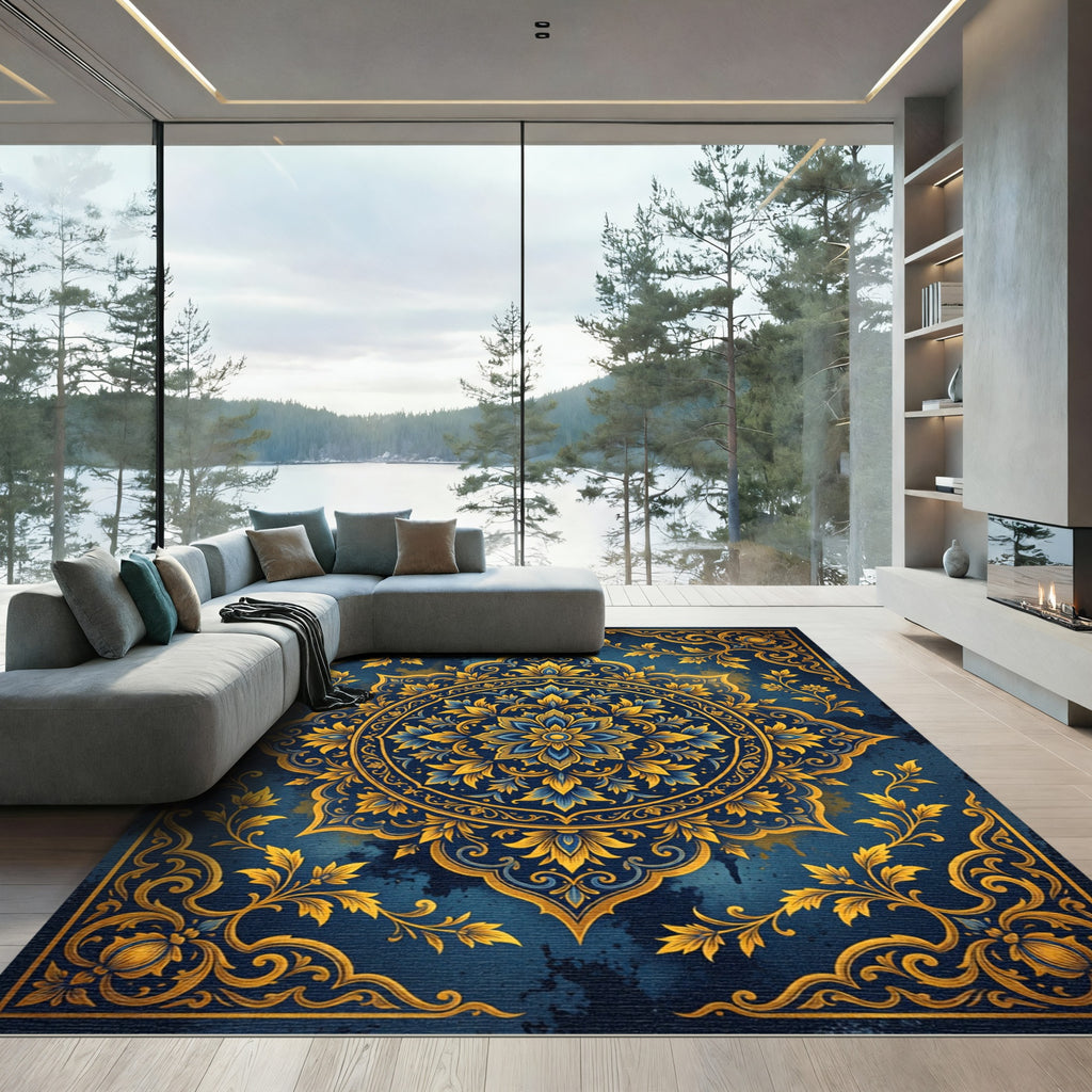 Golden Blue Floral Medallion Mandala Rug