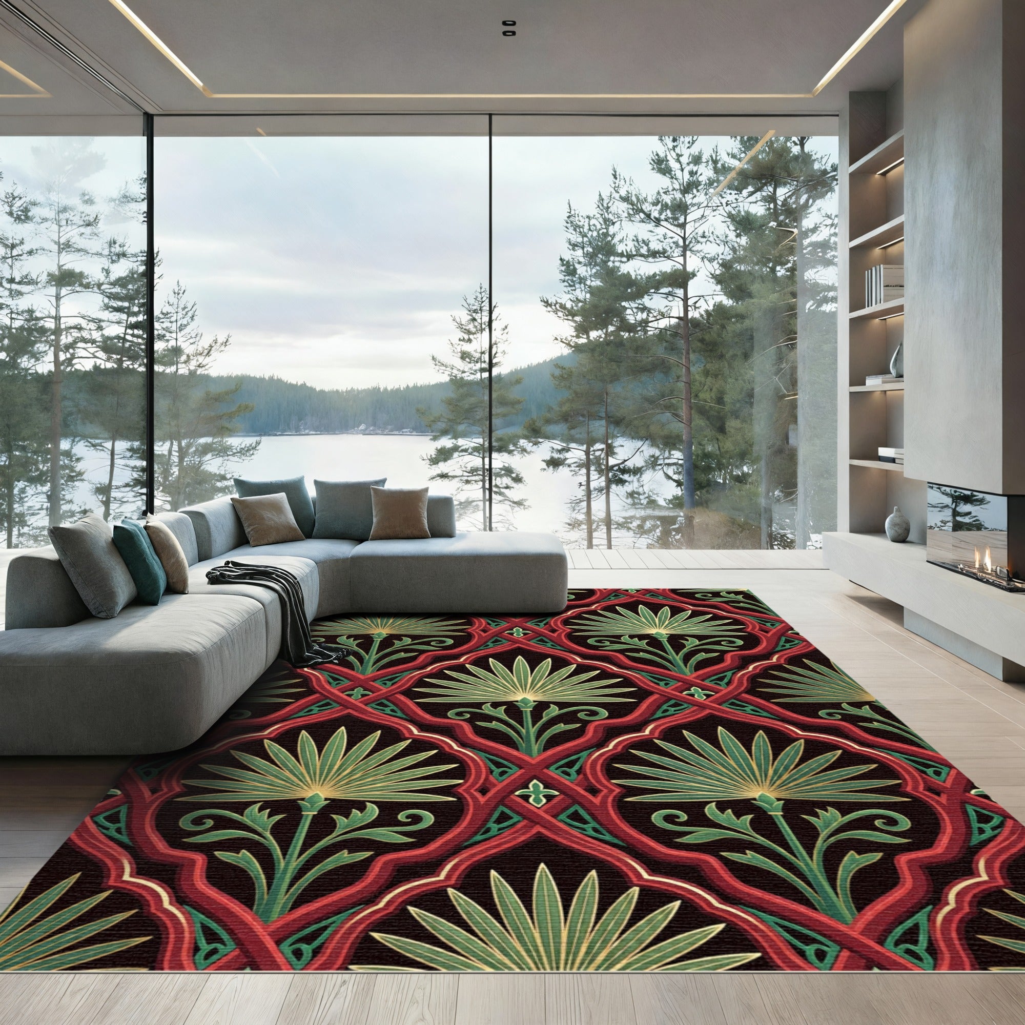 Crimson Green Fan Lattice Rug