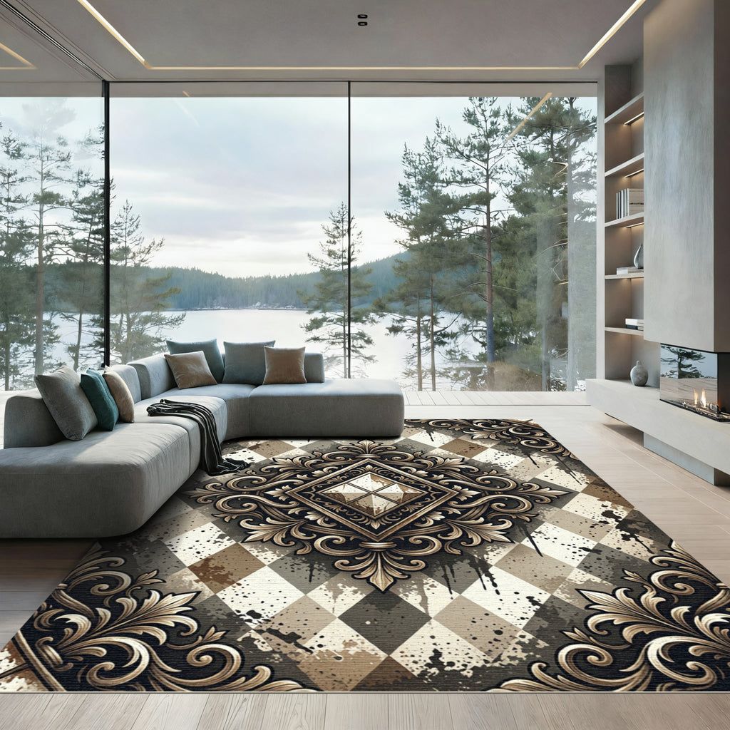 Ornate Gold Diamond Argyle Splatter Rug