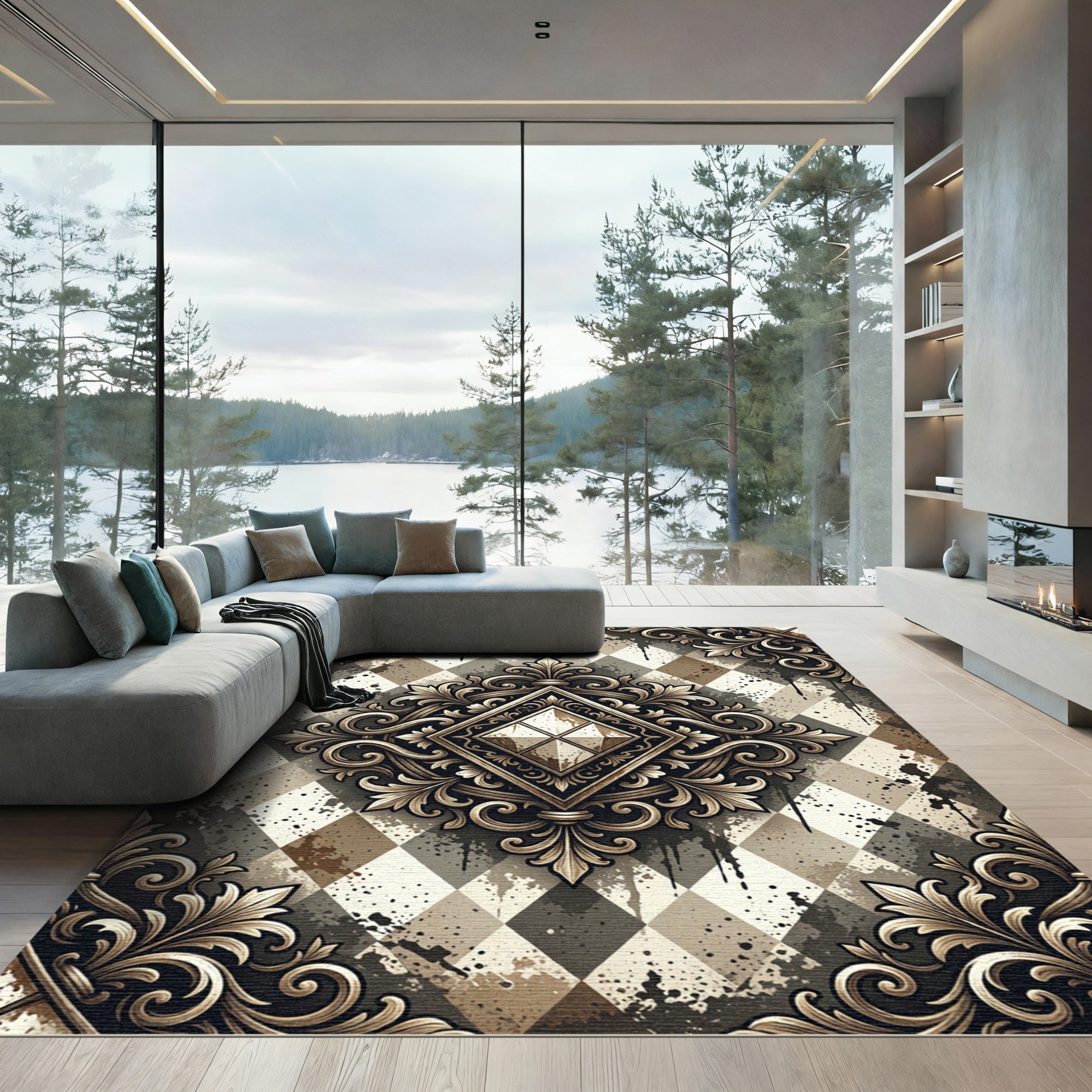 Ornate Gold Diamond Argyle Splatter Rug