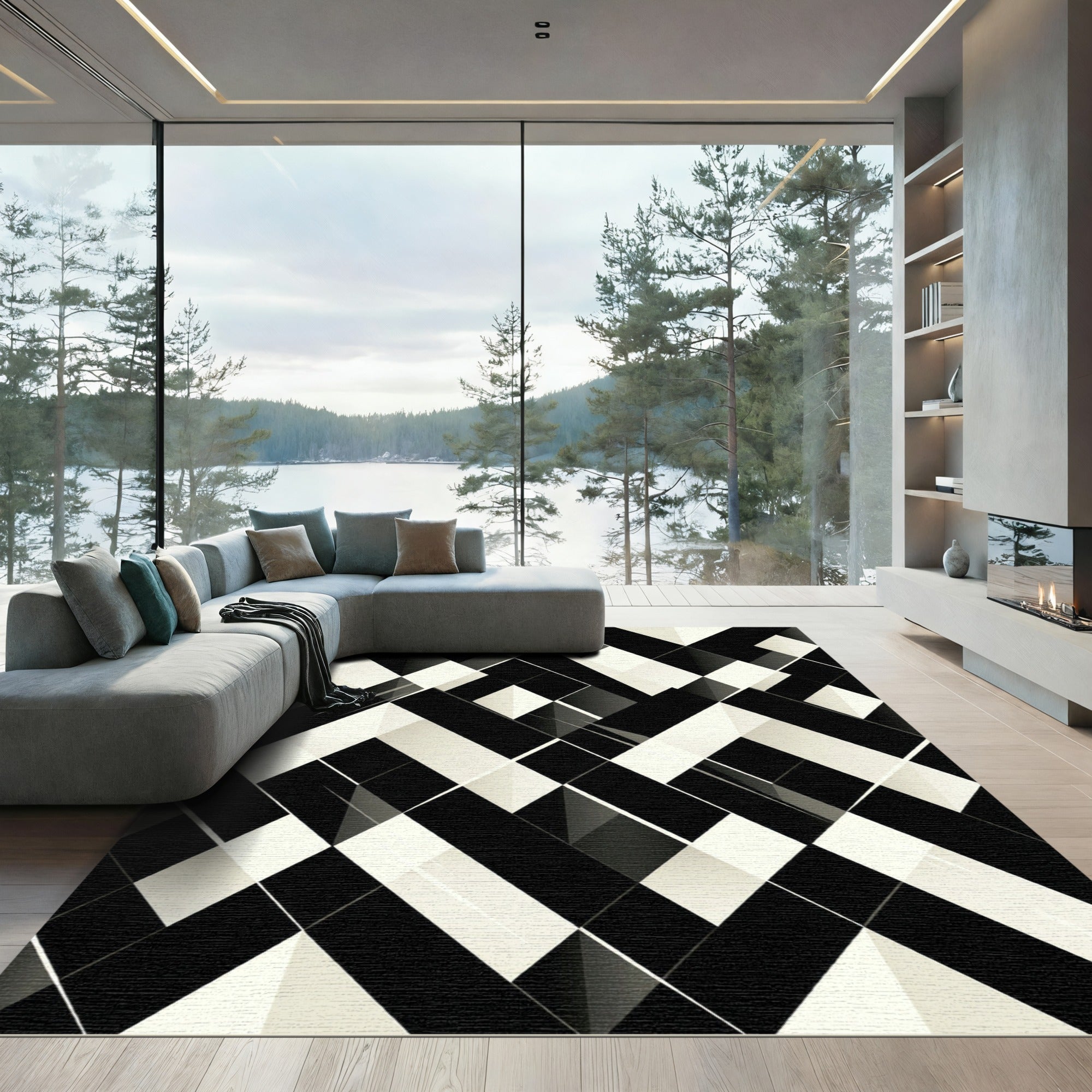 Black White Geometric Intersecting Angles Rug