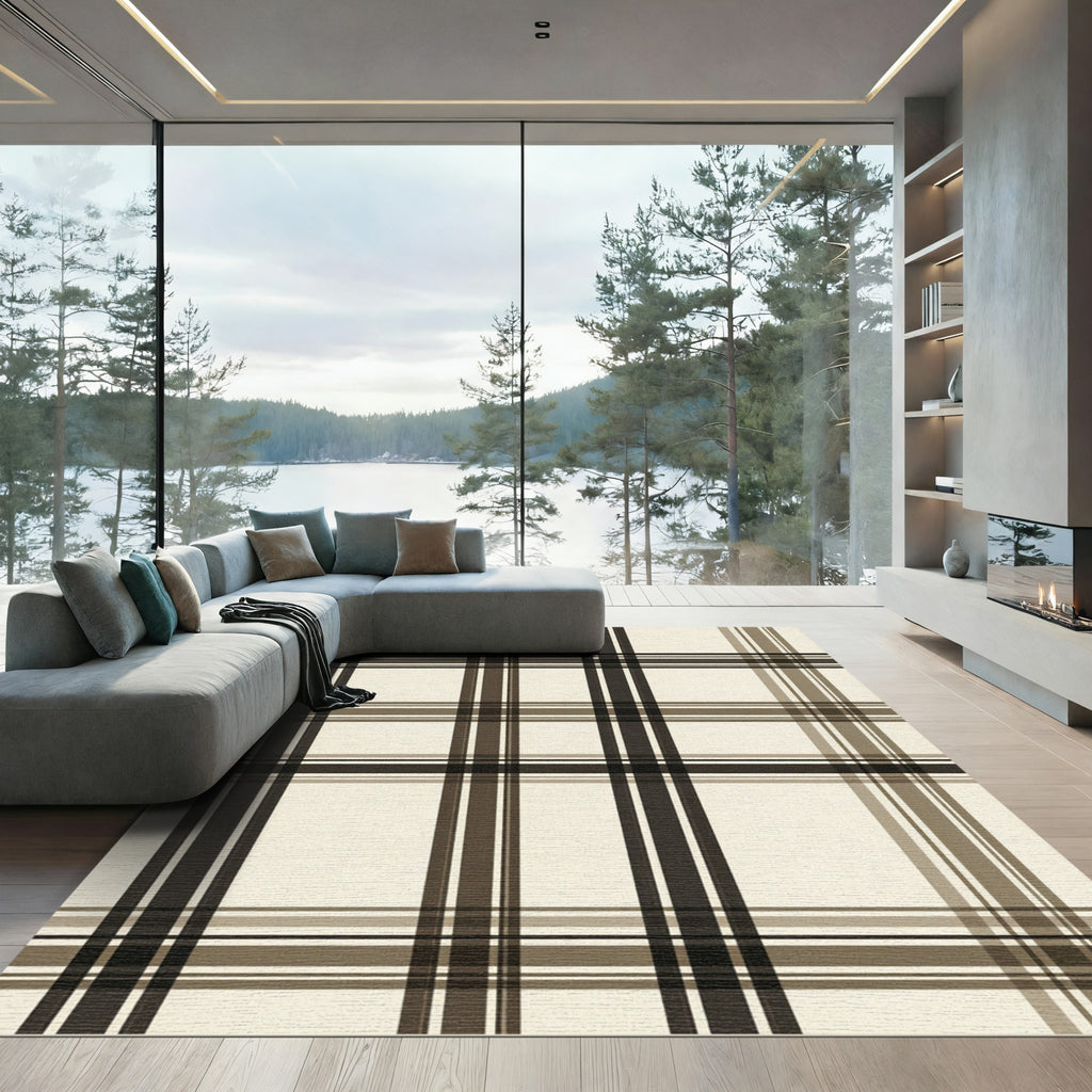Classic Cream Brown Plaid Grid Rug