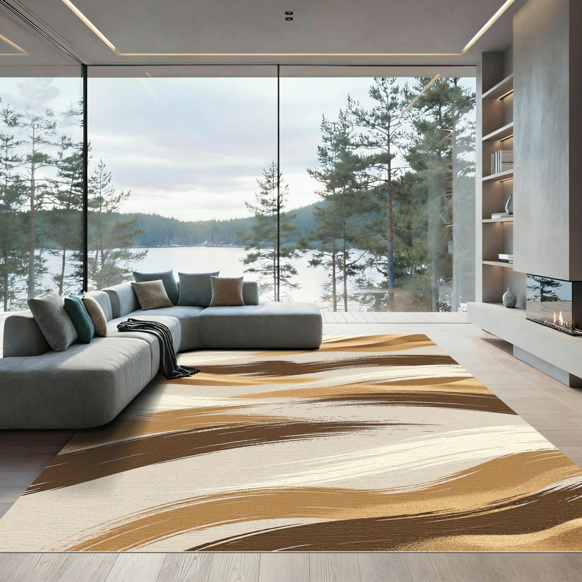 Abstract Earthy Tone Wavy Brushstroke Rug