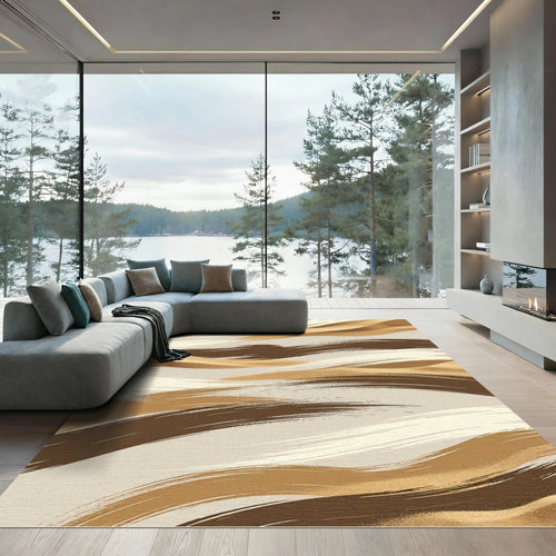 Abstract Earthy Tone Wavy Brushstroke Rug