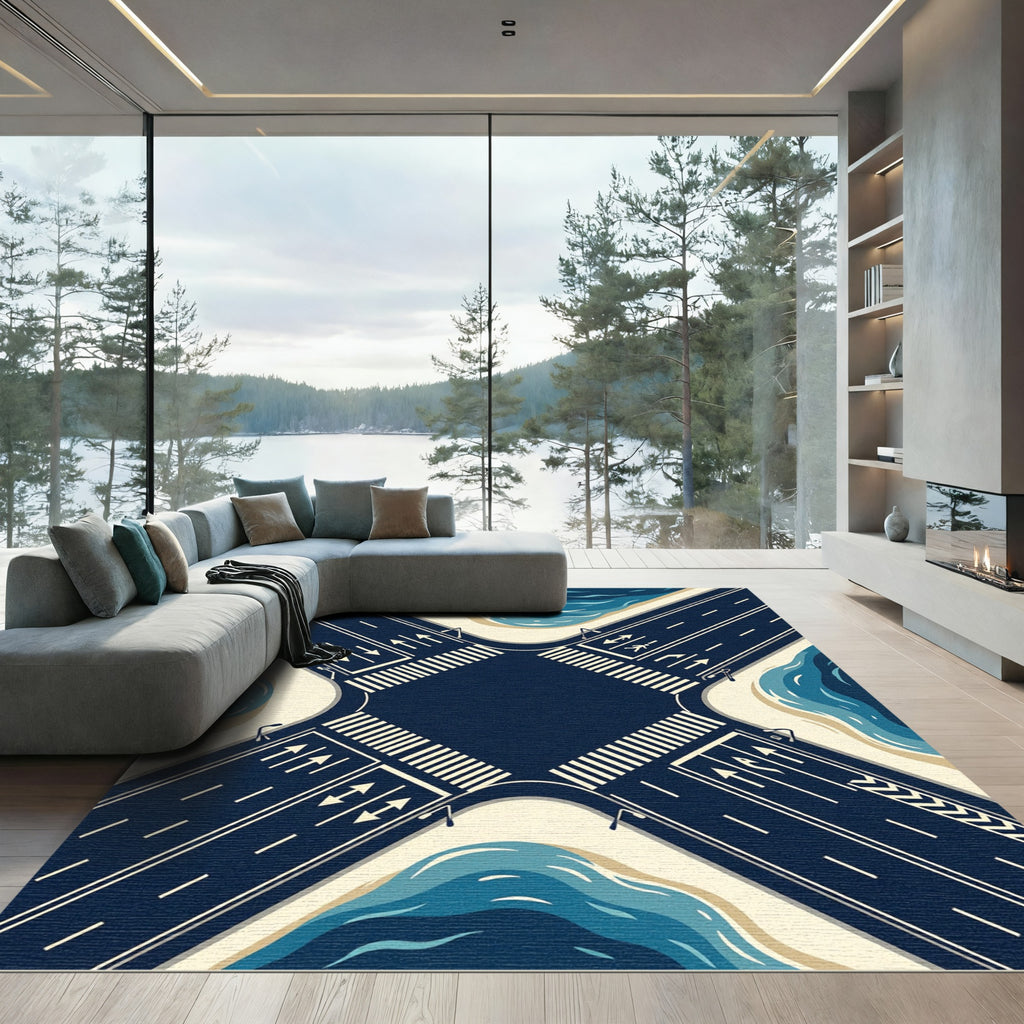 Aerial Intersection Navy Blue Wave Rug