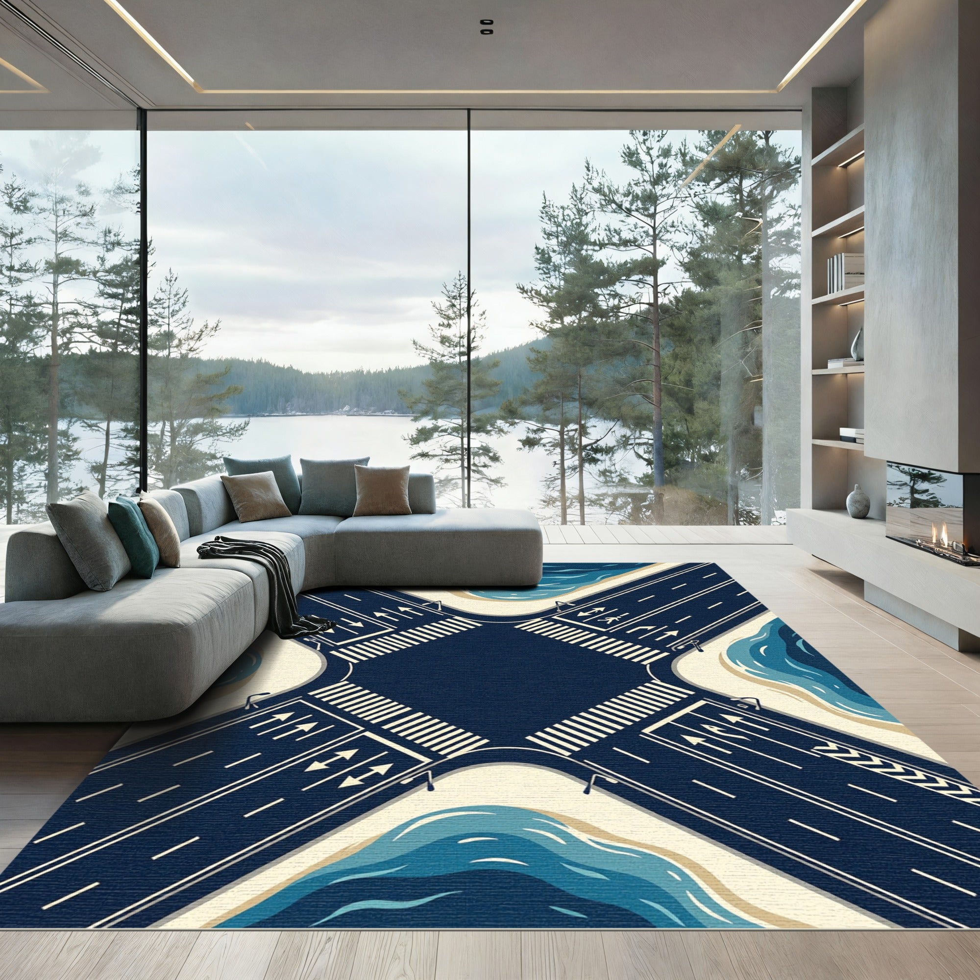 Aerial Intersection Navy Blue Wave Rug