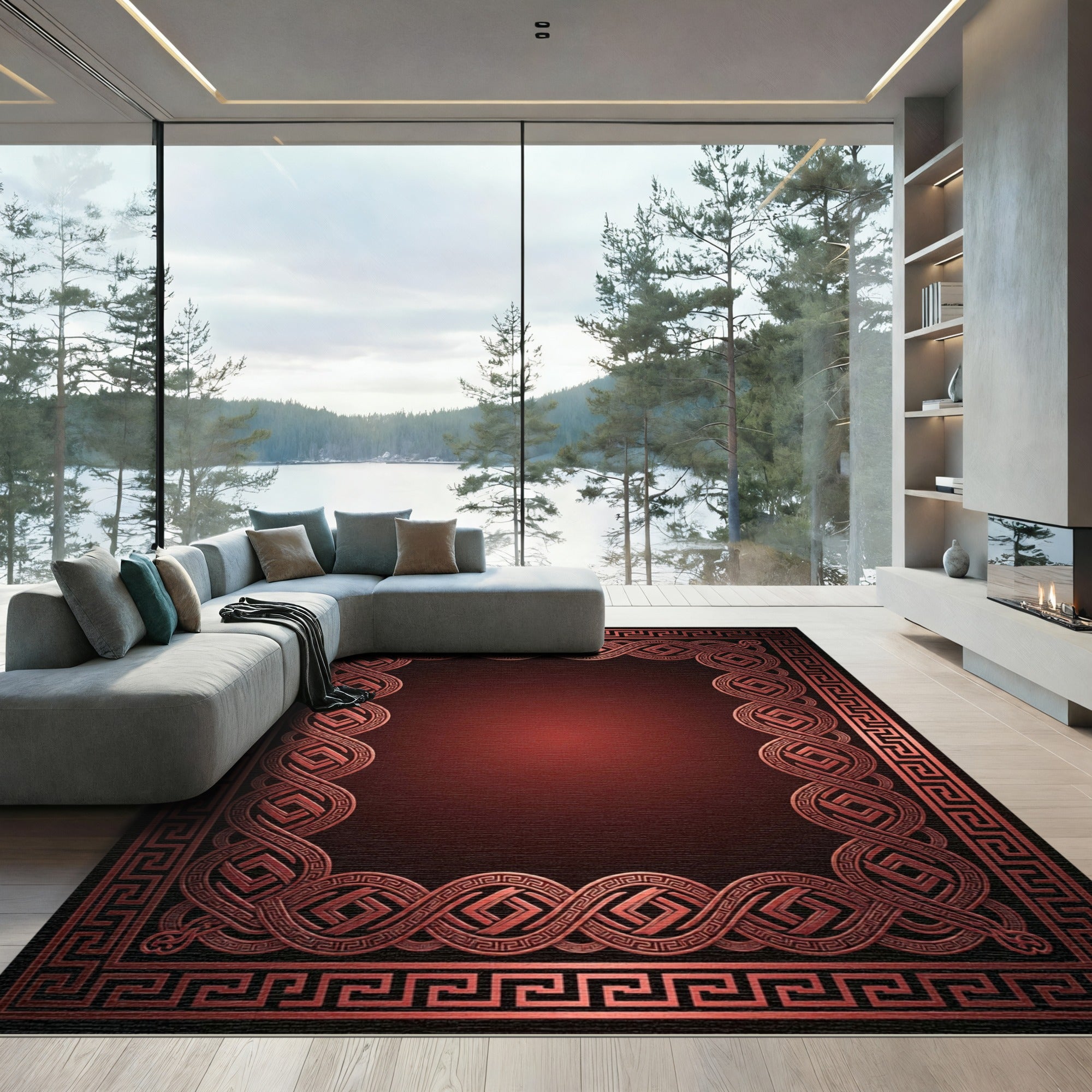Crimson Intertwined Geometric Border Rug