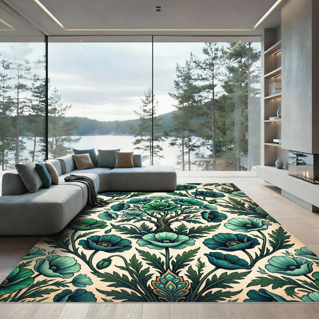 Emerald Teal Poppy Garden Tree Rug