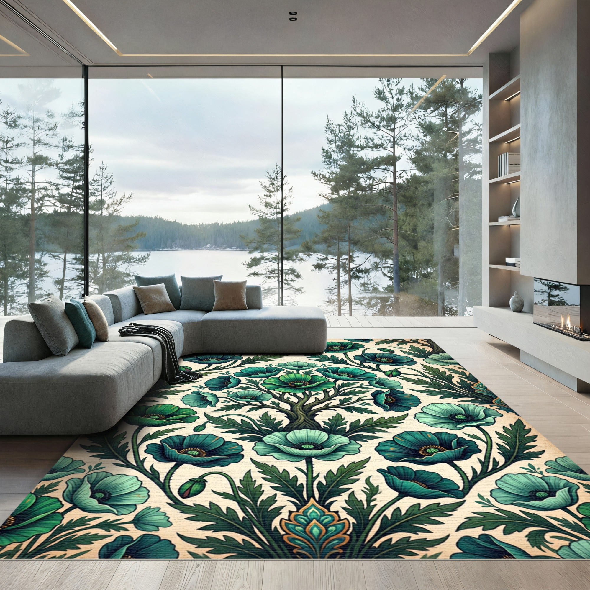 Emerald Teal Poppy Garden Tree Rug