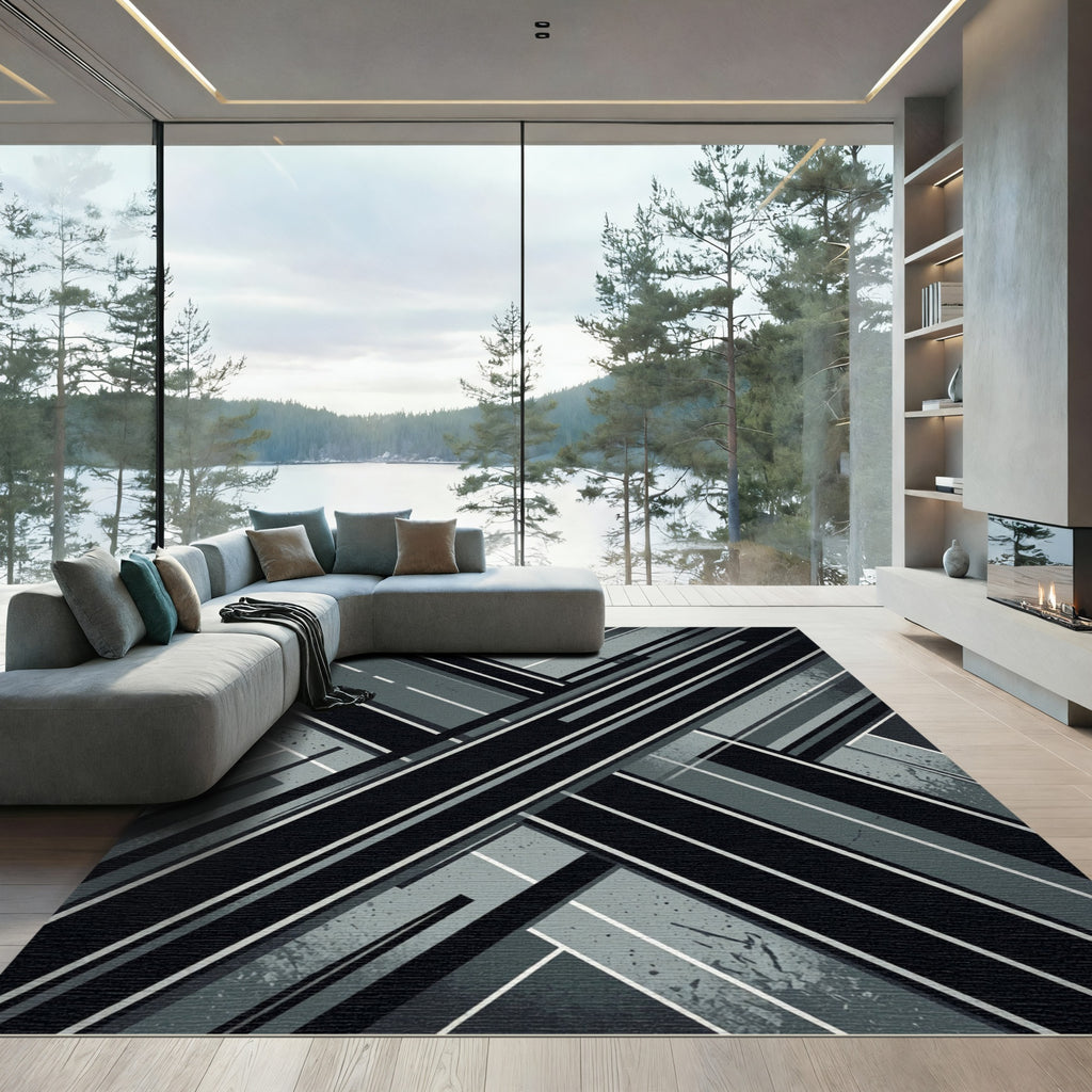 Monochrome Industrial Geometric Crossed Line Rug