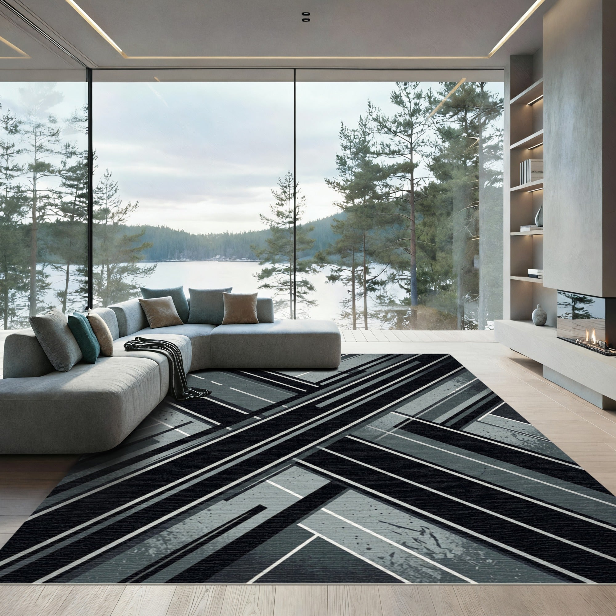 Monochrome Industrial Geometric Crossed Line Rug