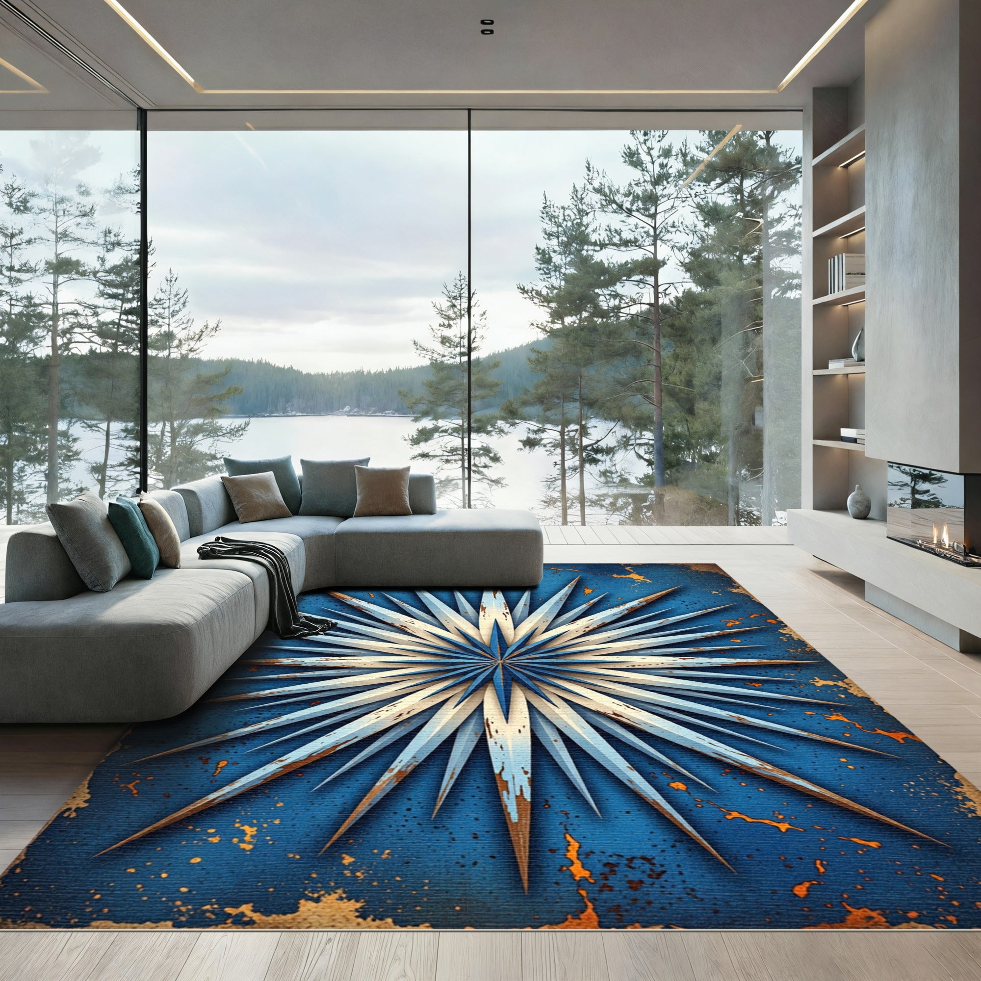 Azure Spiky Starburst Cobalt Weathered Rug