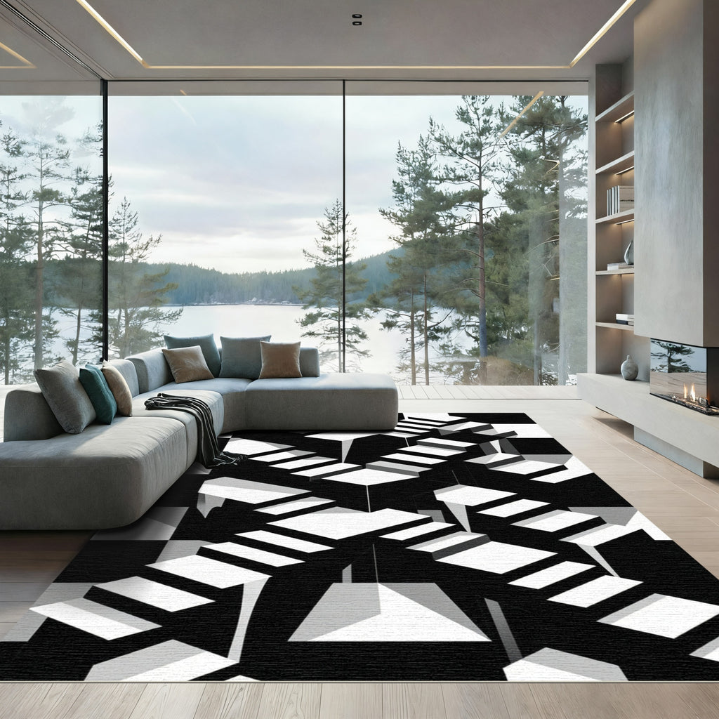 Geometric Monochrome Optical Illusion Staircase Rug