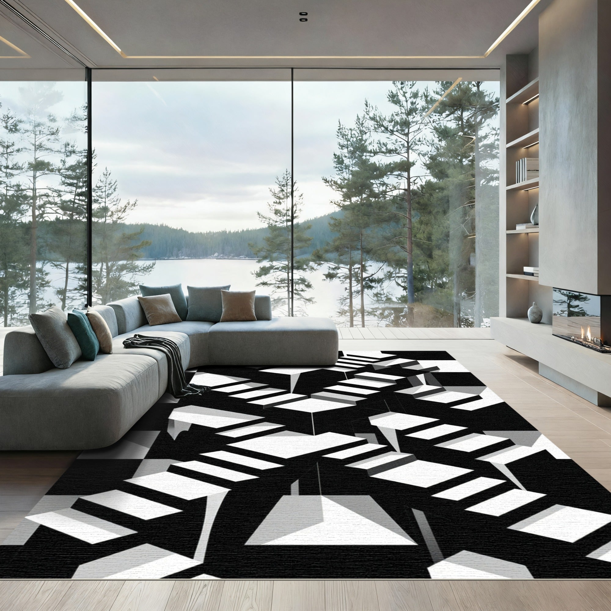 Geometric Monochrome Optical Illusion Staircase Rug