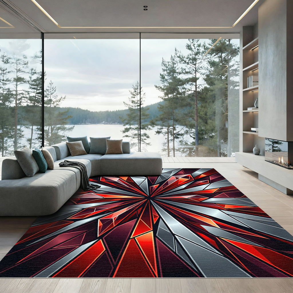Shattered Crimson Facet Geometric Burst Rug