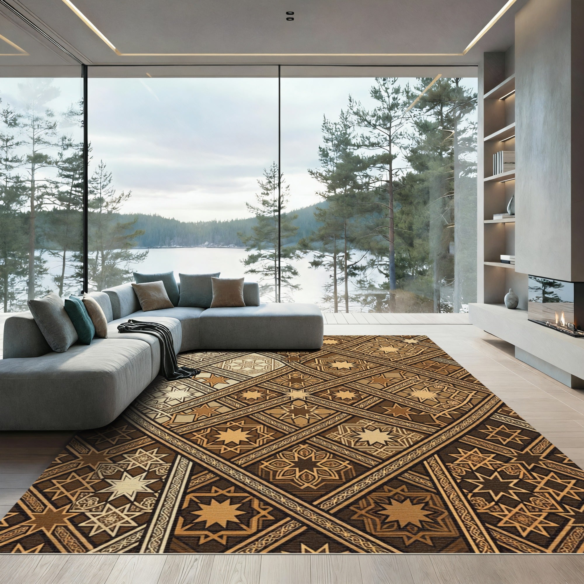 Antique Gold Geometric Star Medallion Rug