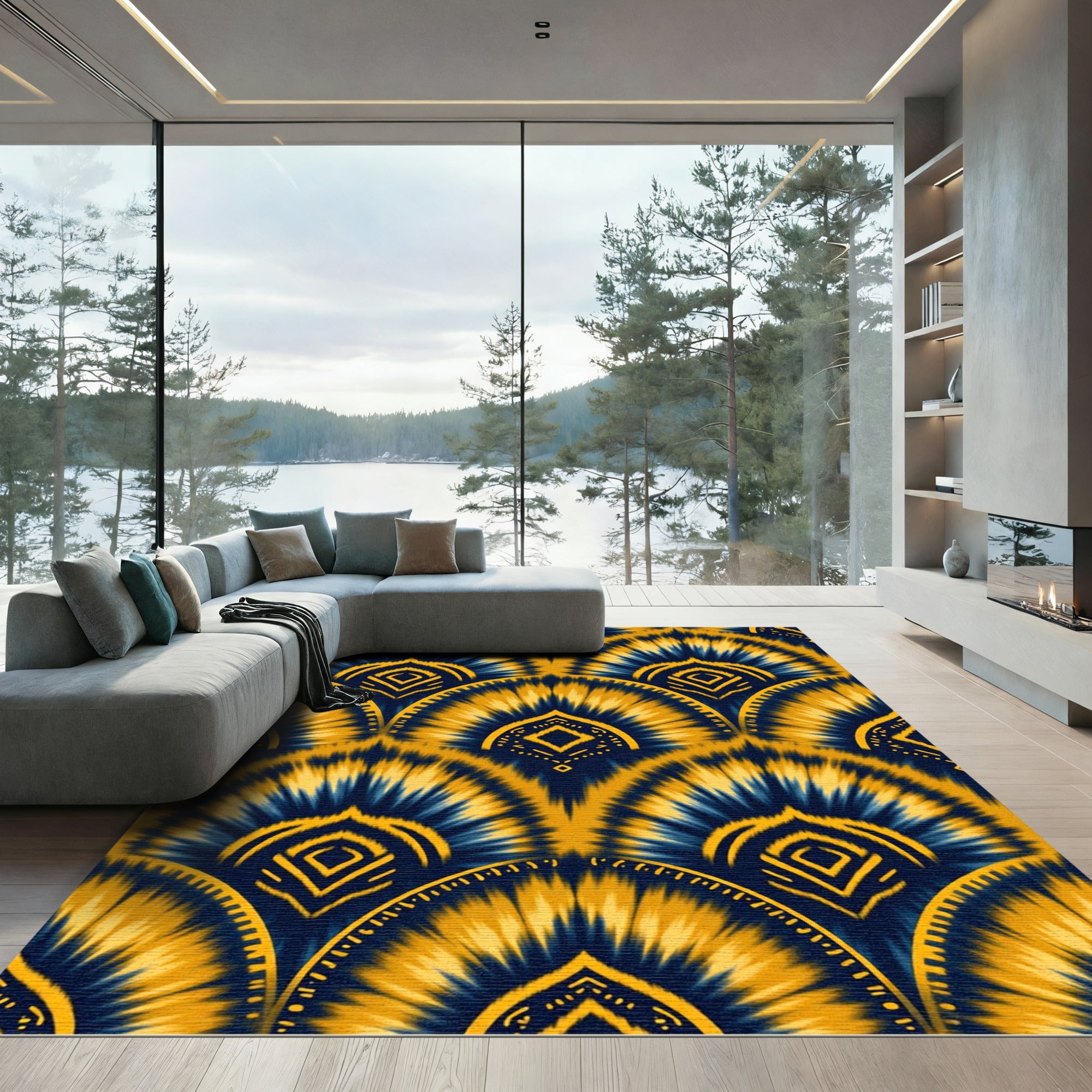 Navy Gold Fan Burst Medallion Rug