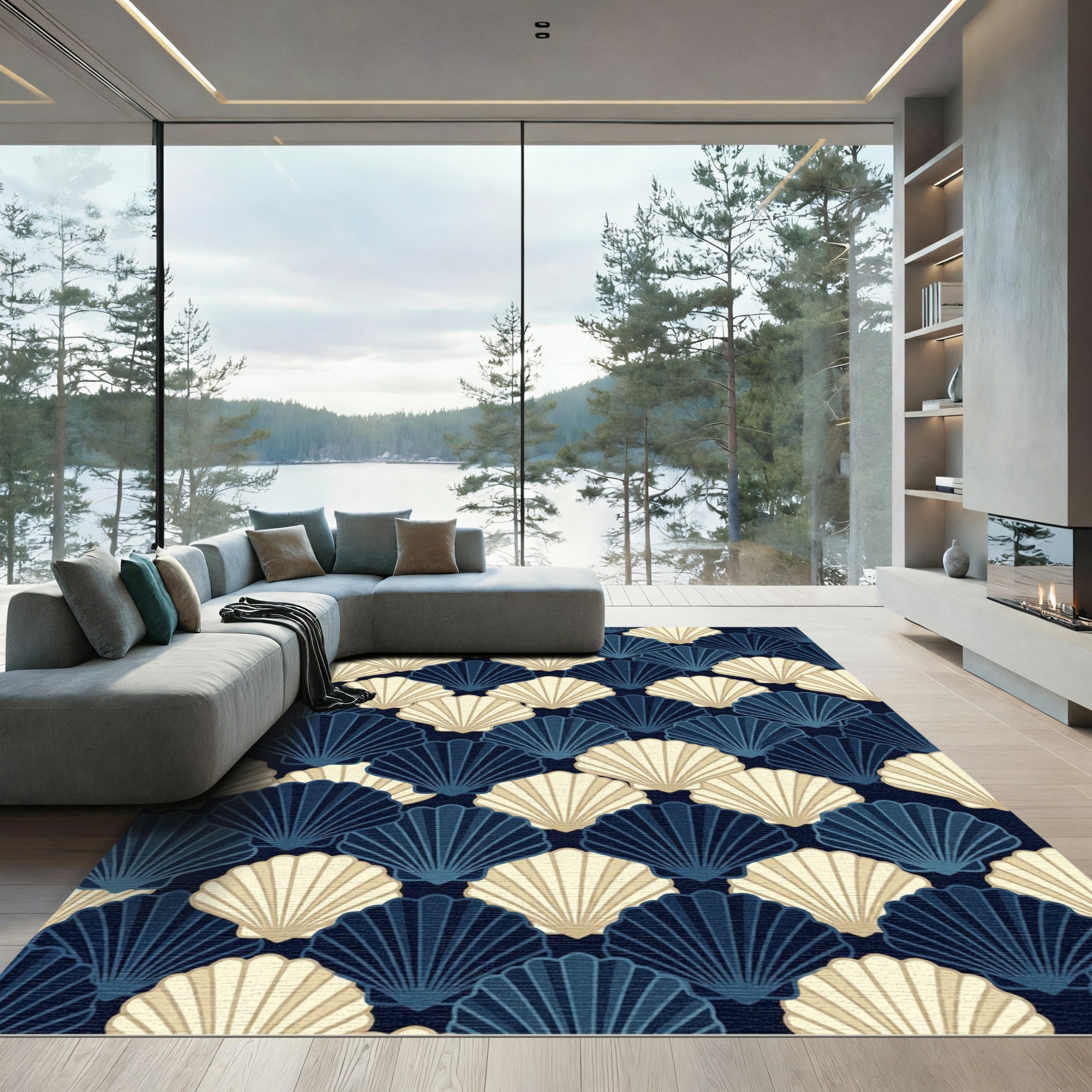 Art Deco Navy and Cream Shells Rug