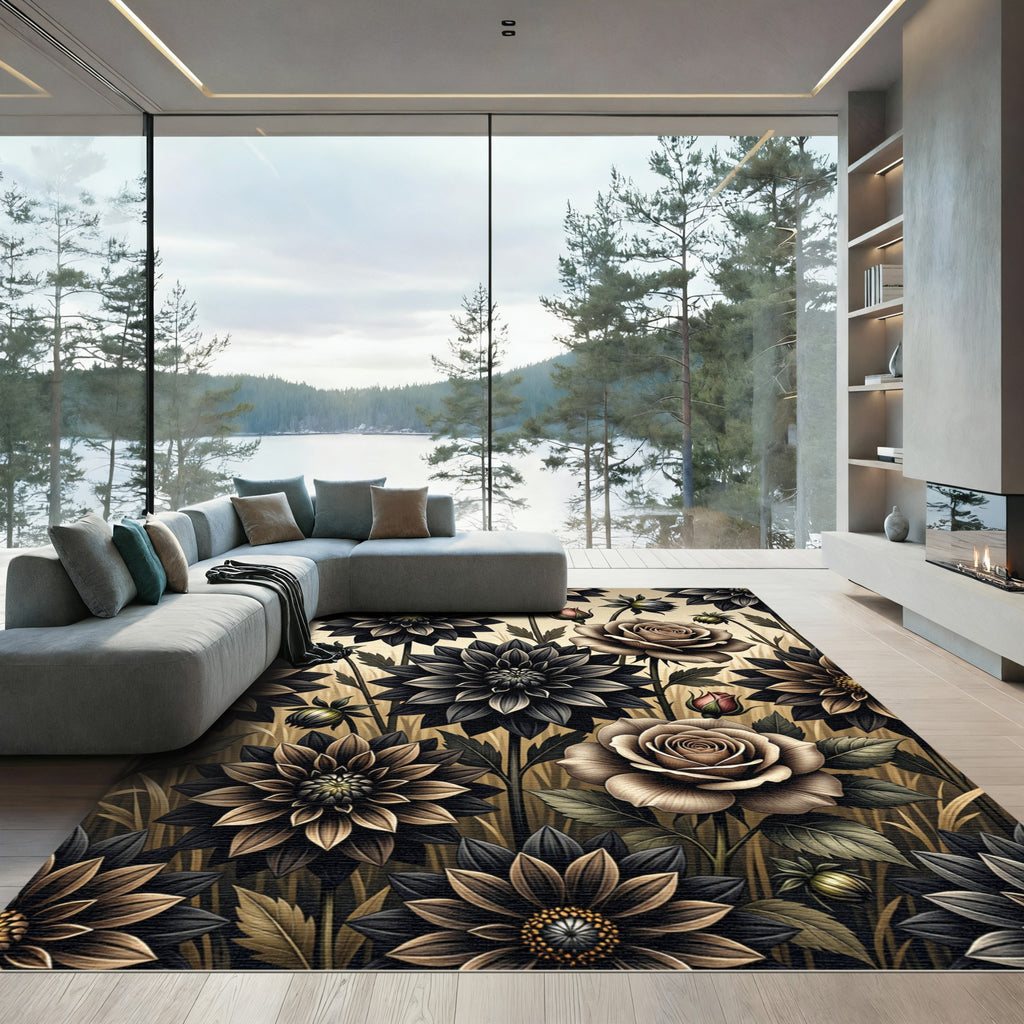 Dark Botanical Rose Dahlia Garden Rug