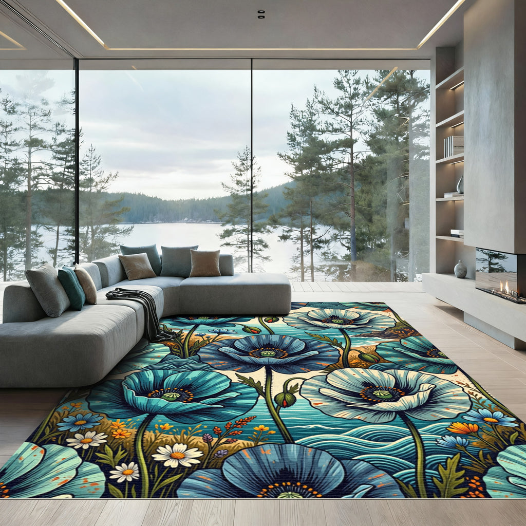 Coastal Blue Poppy Sea Wave Art Rug