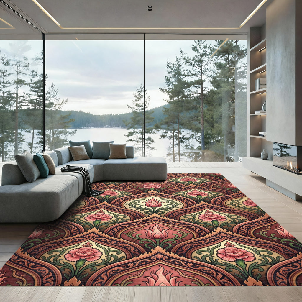 Elegant Coral Floral Damask Scroll Rug