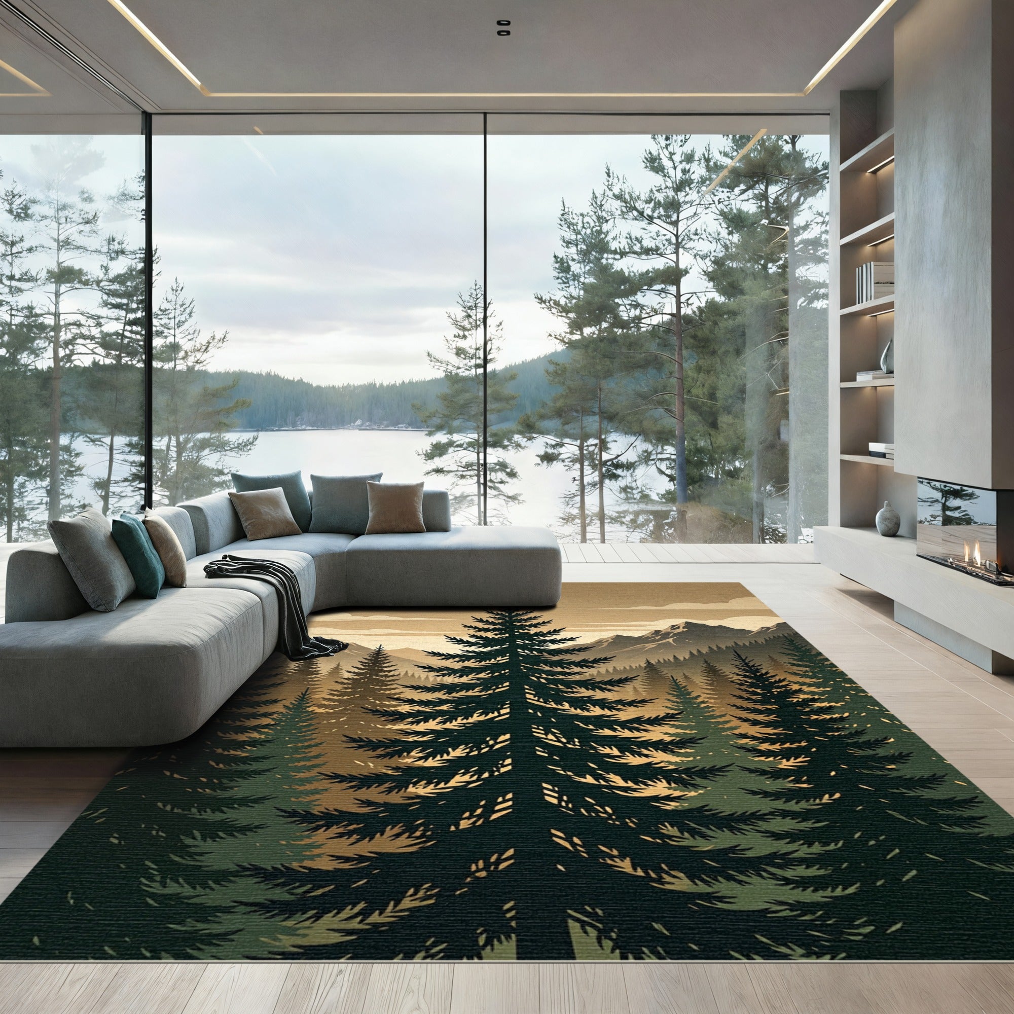 Earthy Forest Mountain Silhouette Landscape Rug