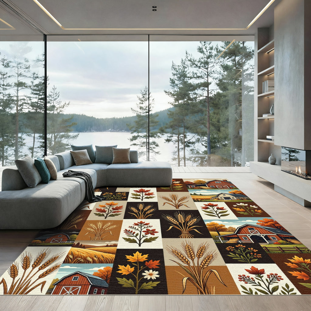 Autumn Harvest Wheat and Barn Quilt Rug