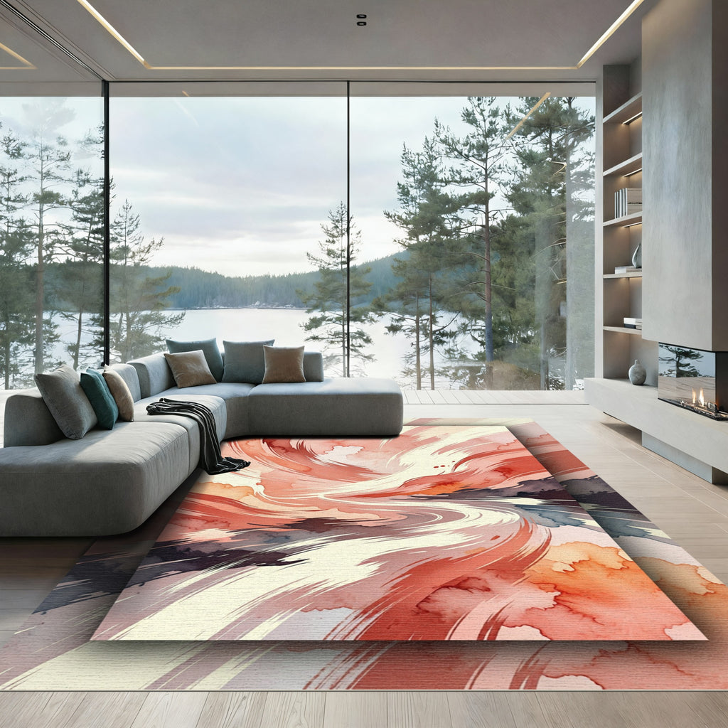 Abstract Crimson Swirl Watercolor Movement Rug