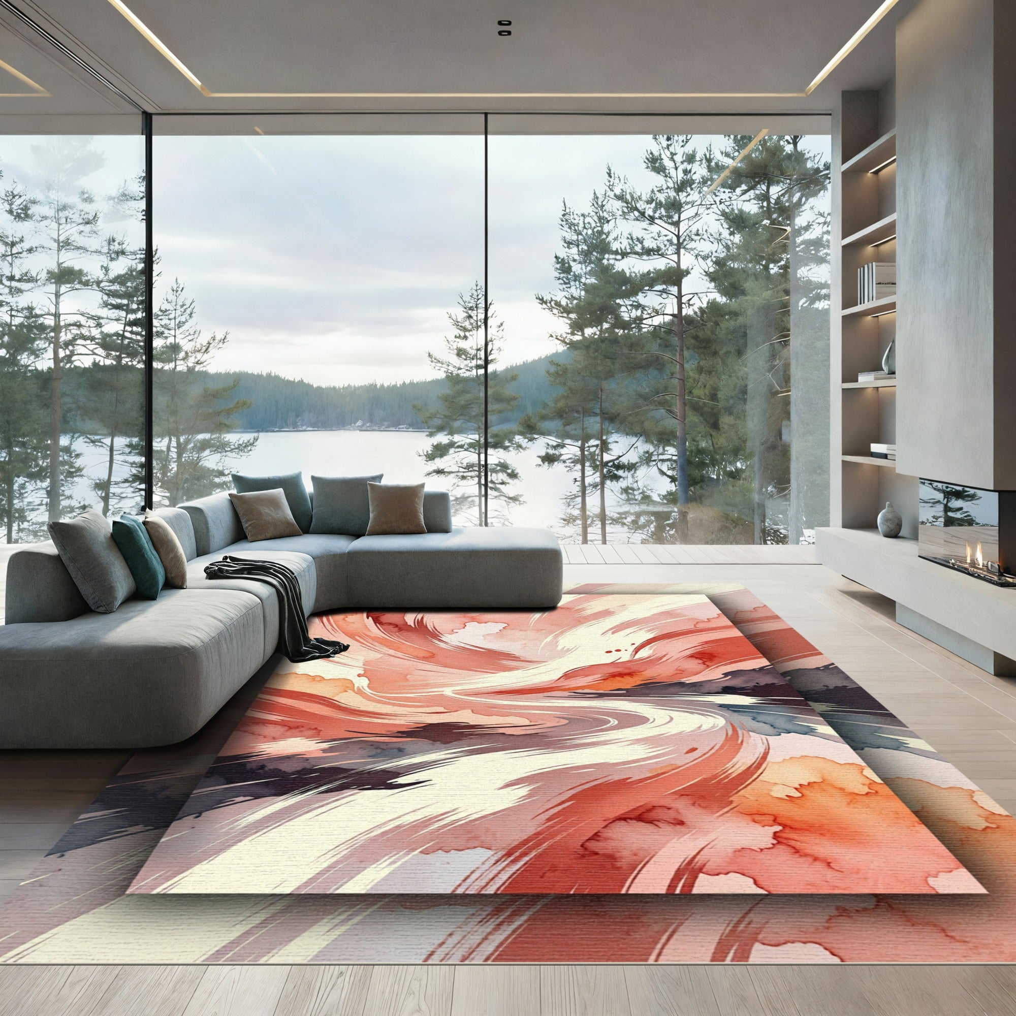 Abstract Crimson Swirl Watercolor Movement Rug