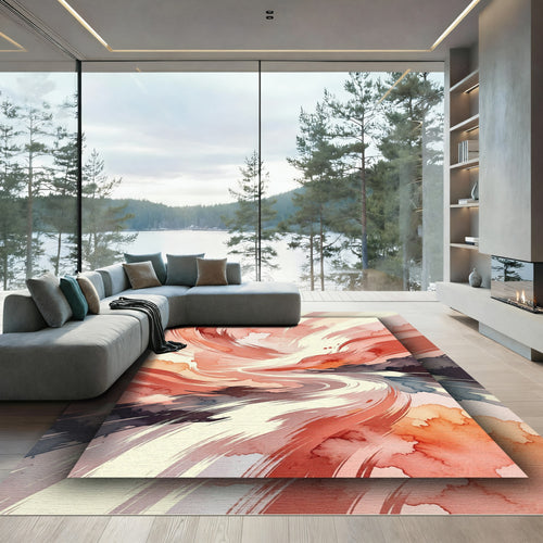 Abstract Crimson Swirl Watercolor Movement Rug