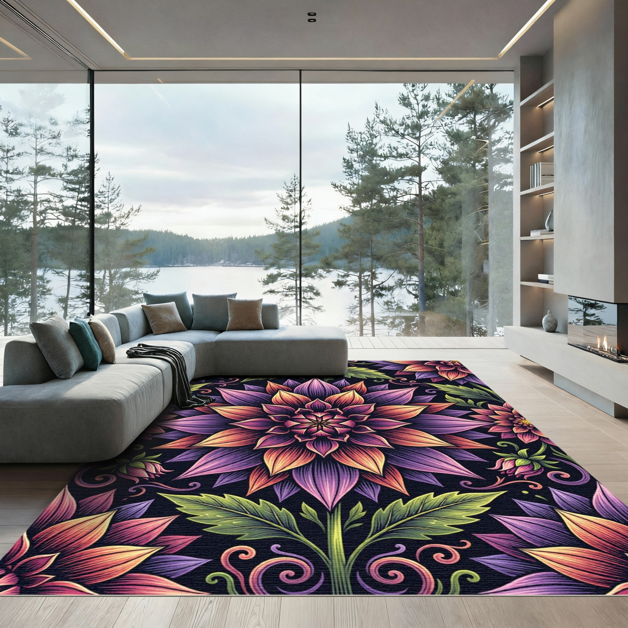 Vibrant Floral Mandala Botanical Tapestry Rug