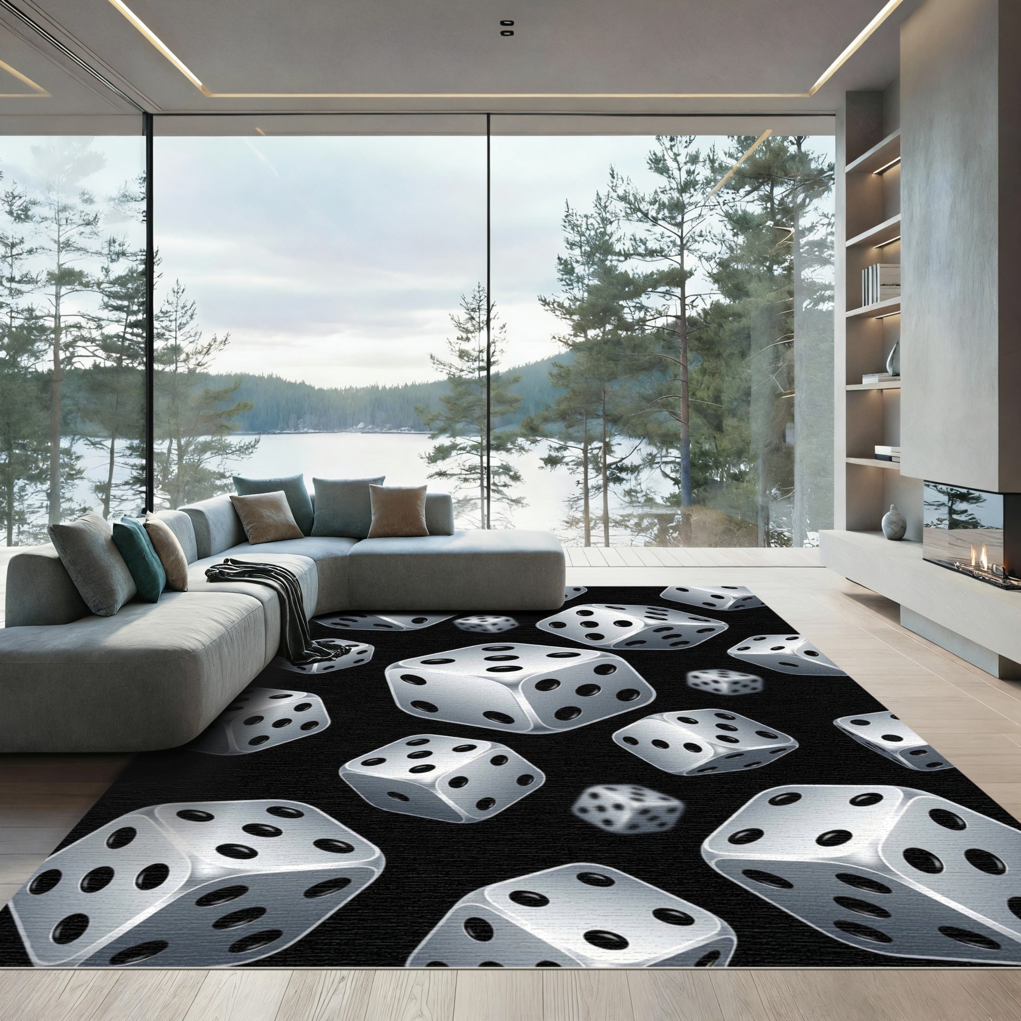 Silver Floating Dice Geometric Monochrome Rug