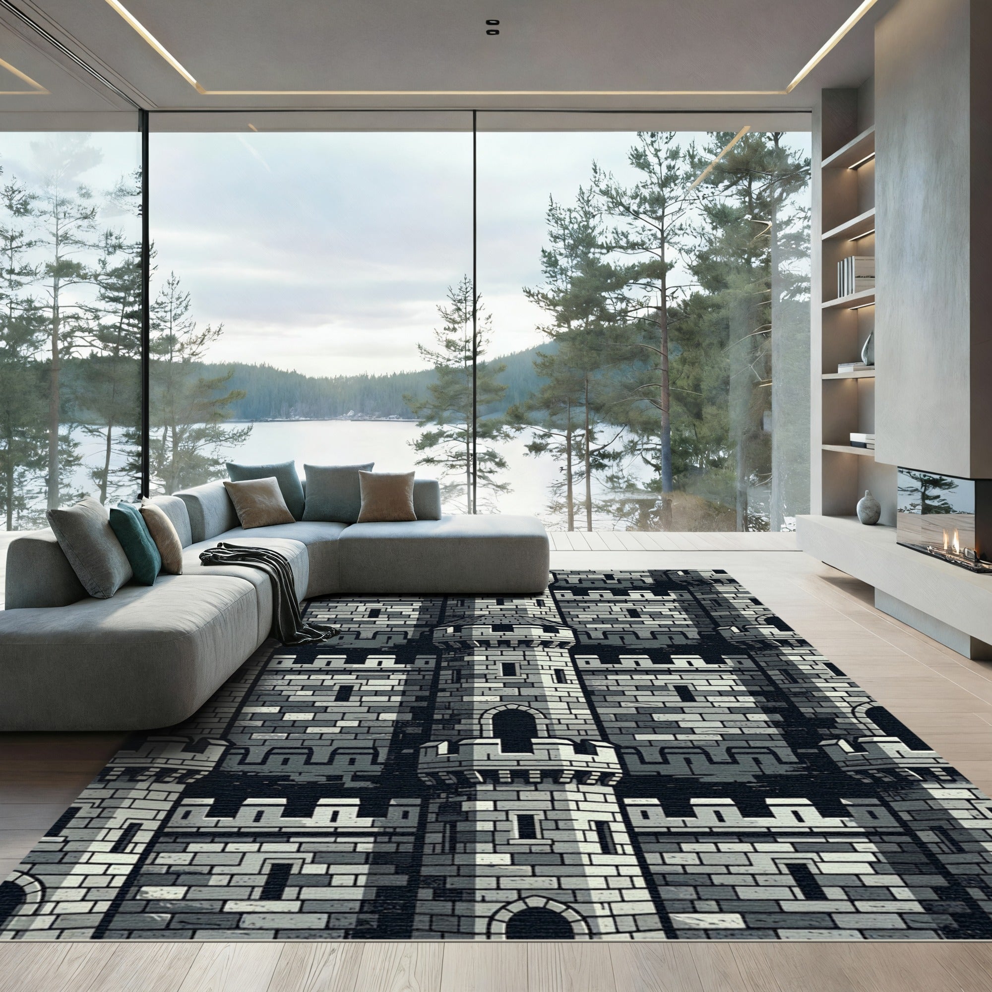 Monochrome Stone Fortress Tower Grid Rug
