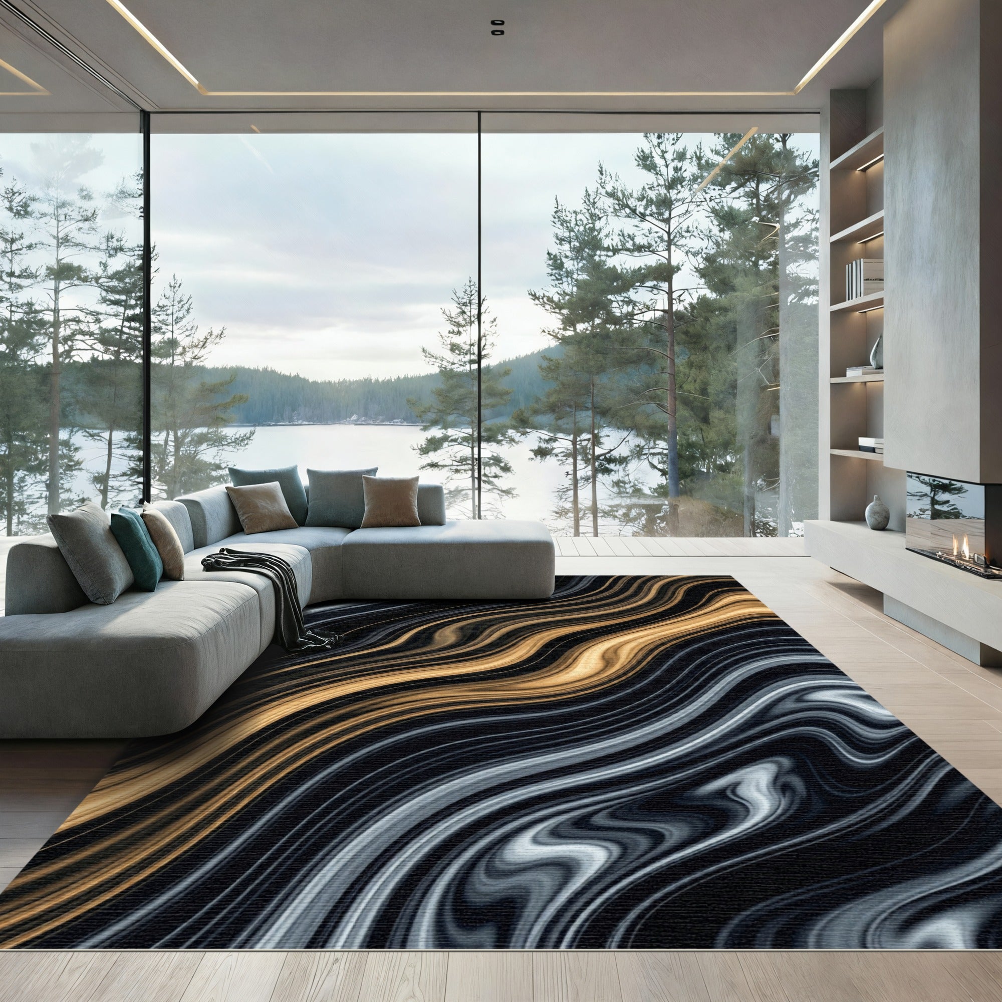 Golden Black Swirl Fluid Marble Rug