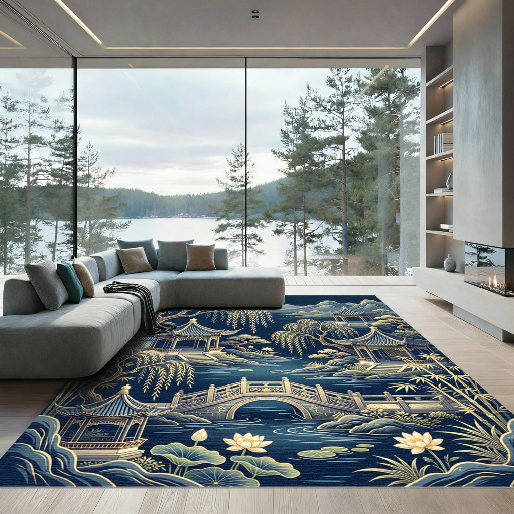 Golden Willow Pagoda Zen River Landscape Rug